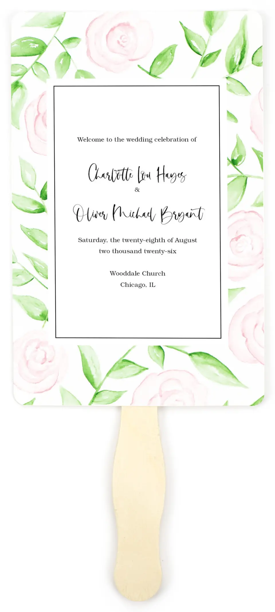 This is a 5" x 7⅞" Wedding Program Fan called Painterly Bouquet printed in full color on Premium Smooth paper