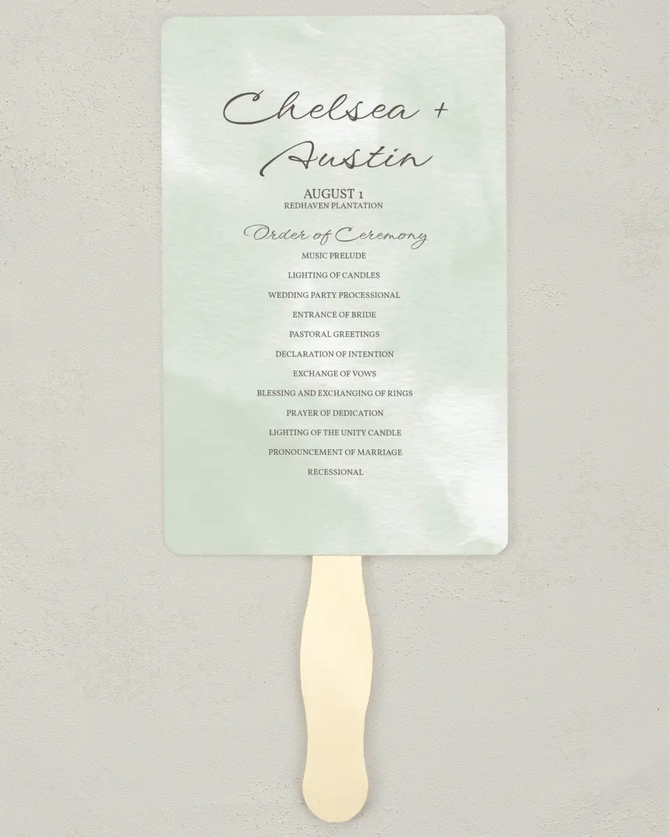 This is a 5" x 7⅞" Wedding Program Fan called Watercolor Laurel printed in full color on Premium Smooth paper