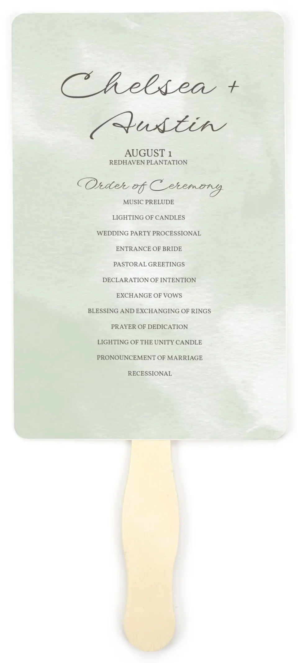 This is a 5" x 7⅞" Wedding Program Fan called Watercolor Laurel printed in full color on Premium Smooth paper