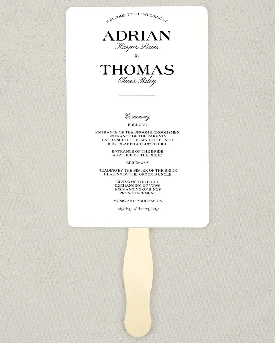 This is a 5" x 7⅞" Wedding Program Fan called Formal Statement printed in full color on Premium Smooth paper
