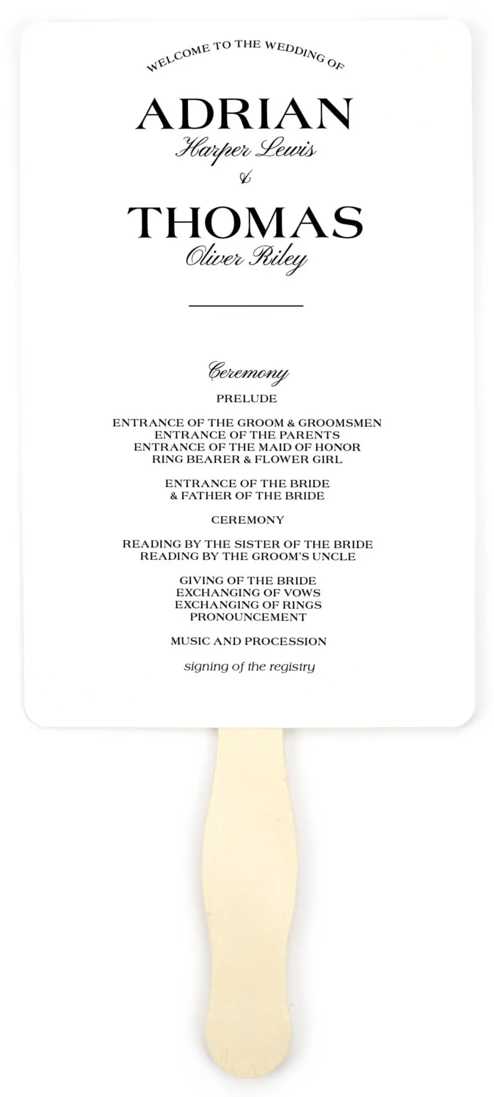 This is a 5" x 7⅞" Wedding Program Fan called Formal Statement printed in full color on Premium Smooth paper