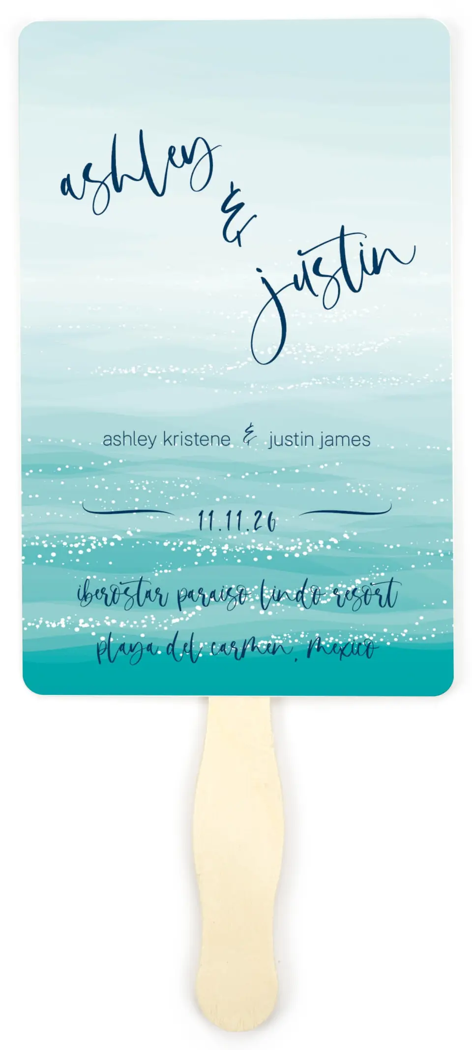 This is a 5" x 7⅞" Wedding Program Fan called Beyond the Shore printed in full color on Premium Smooth paper