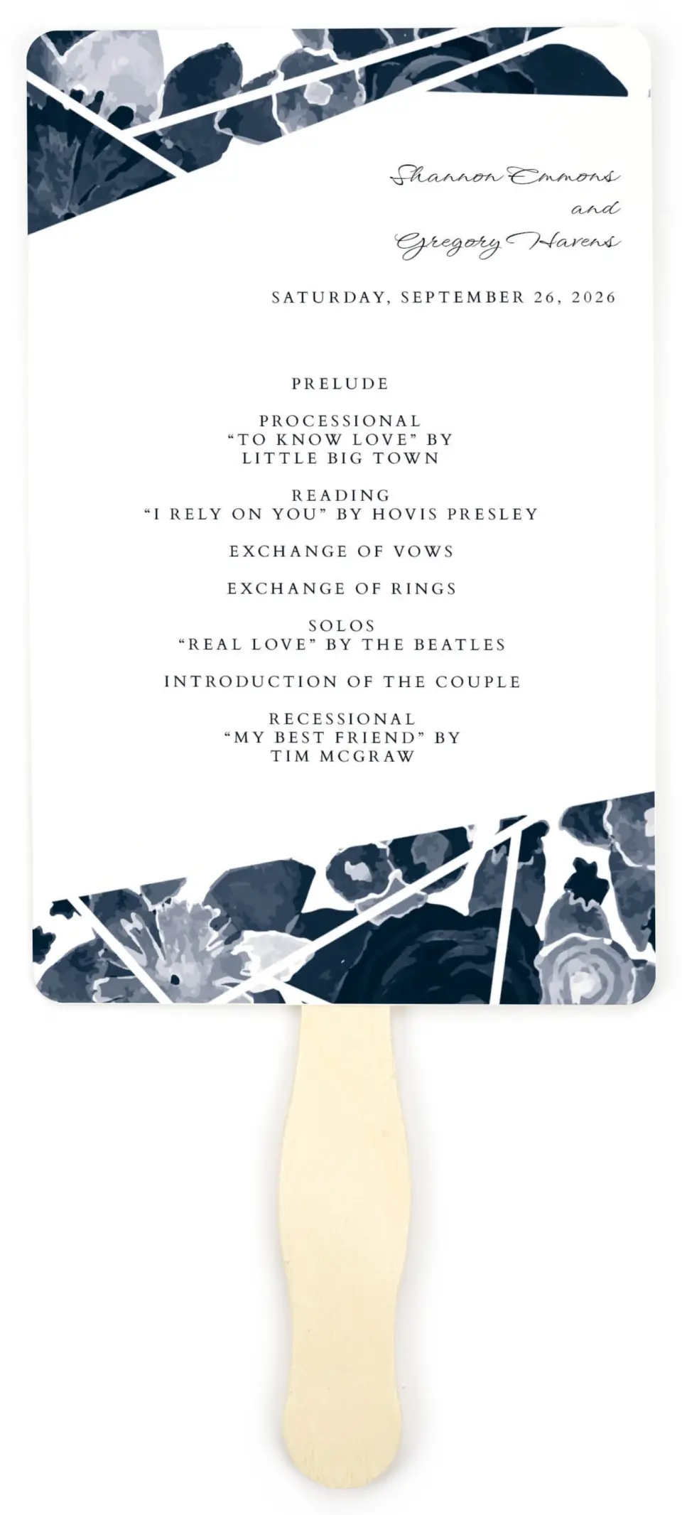This is a 5" x 7⅞" Wedding Program Fan called Geo Floral printed in full color on Premium Smooth paper