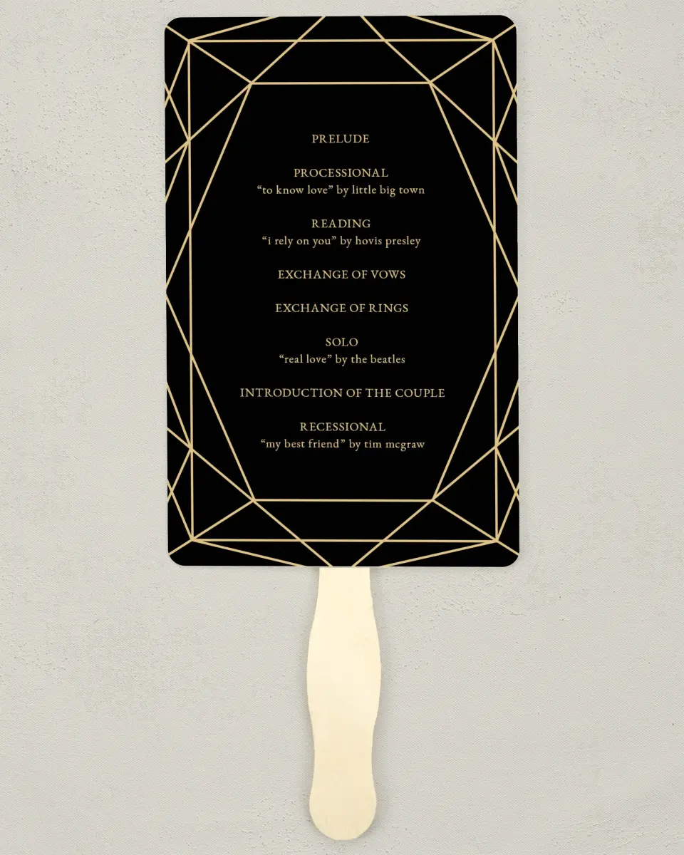 This is a 5" x 7⅞" Wedding Program Fan called Luxe Gem printed in full color on Premium Smooth paper