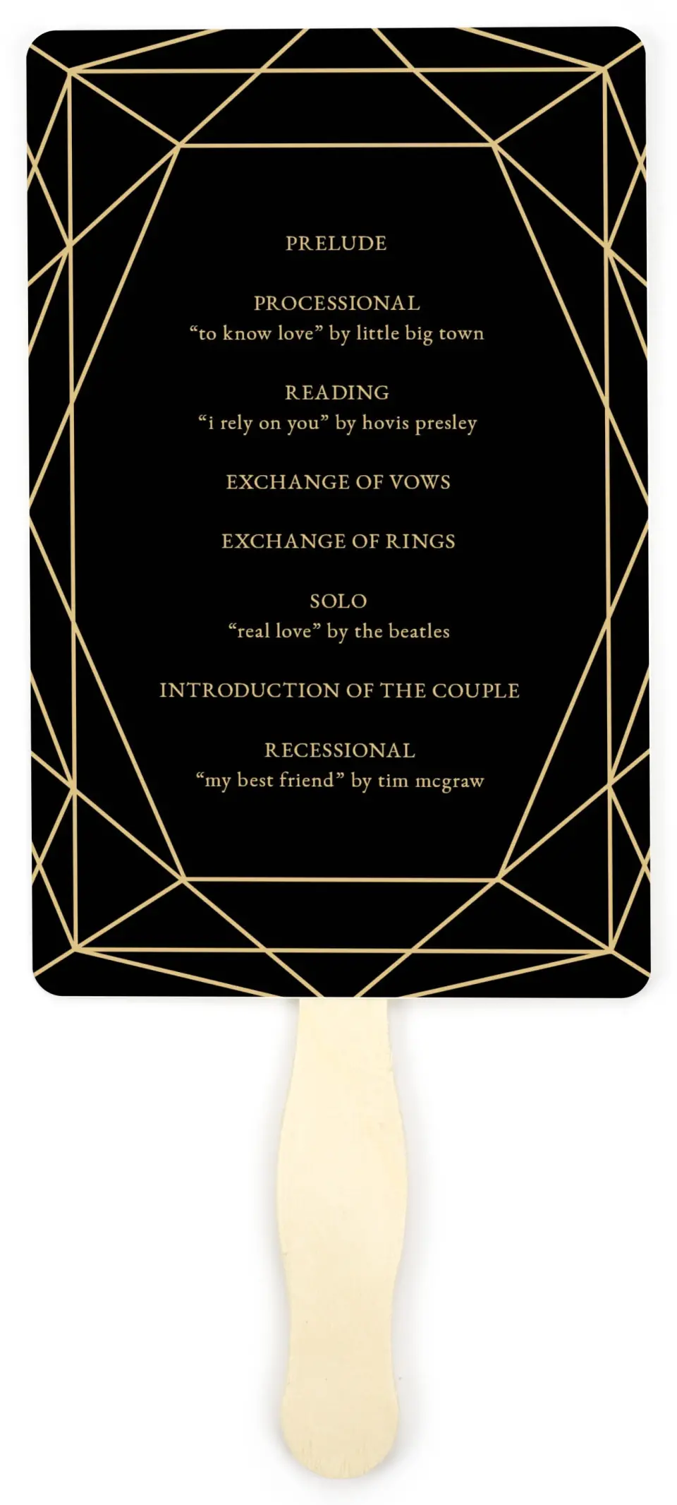 This is a 5" x 7⅞" Wedding Program Fan called Luxe Gem printed in full color on Premium Smooth paper