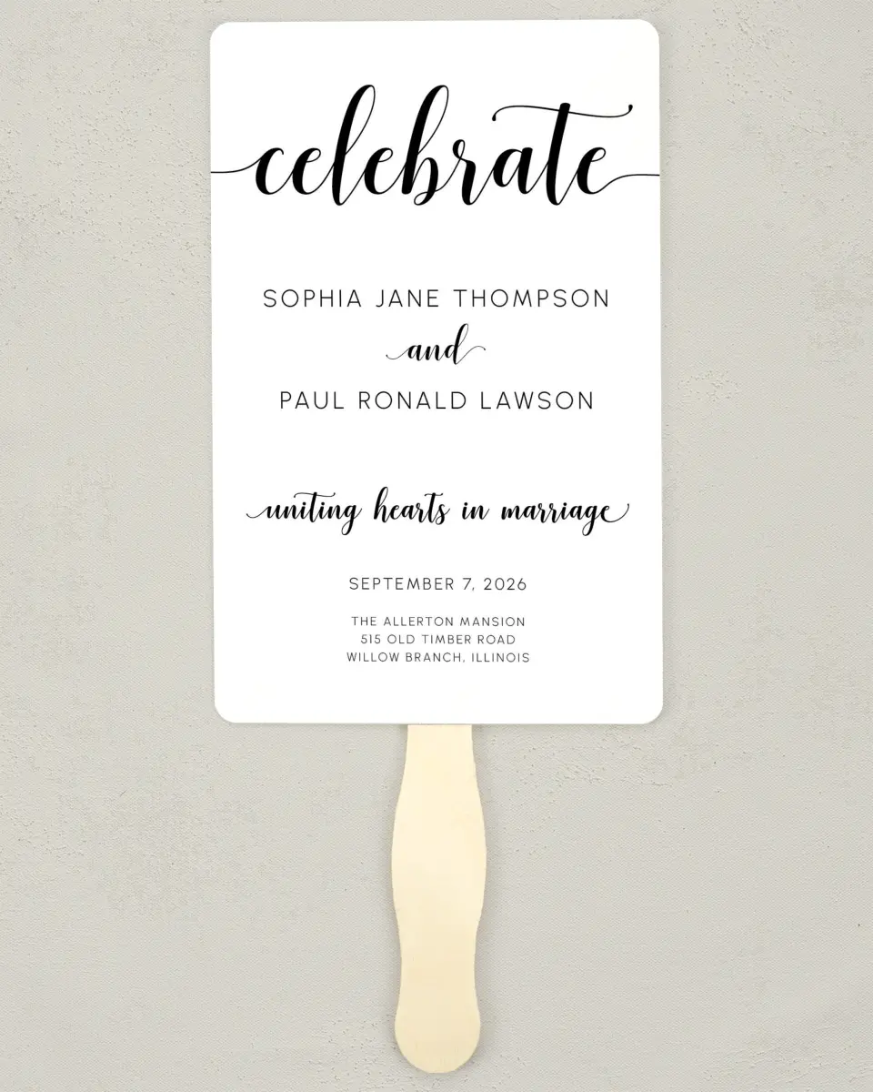 This is a 5" x 7⅞" Wedding Program Fan called True Celebration printed in full color on Premium Smooth paper