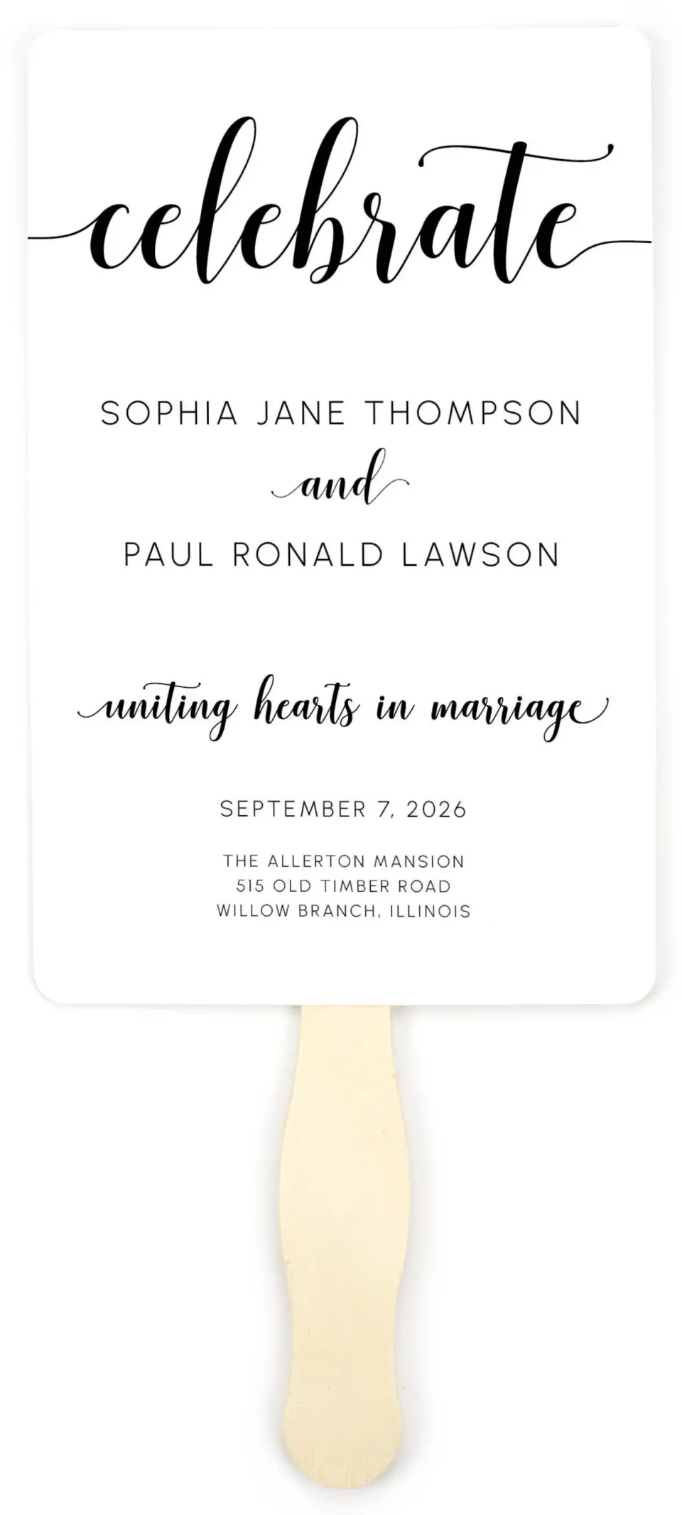 This is a 5" x 7⅞" Wedding Program Fan called True Celebration printed in full color on Premium Smooth paper