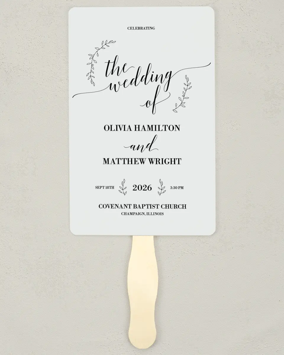 This is a 5" x 7⅞" Wedding Program Fan called Naturally Leaves printed in full color on Premium Smooth paper