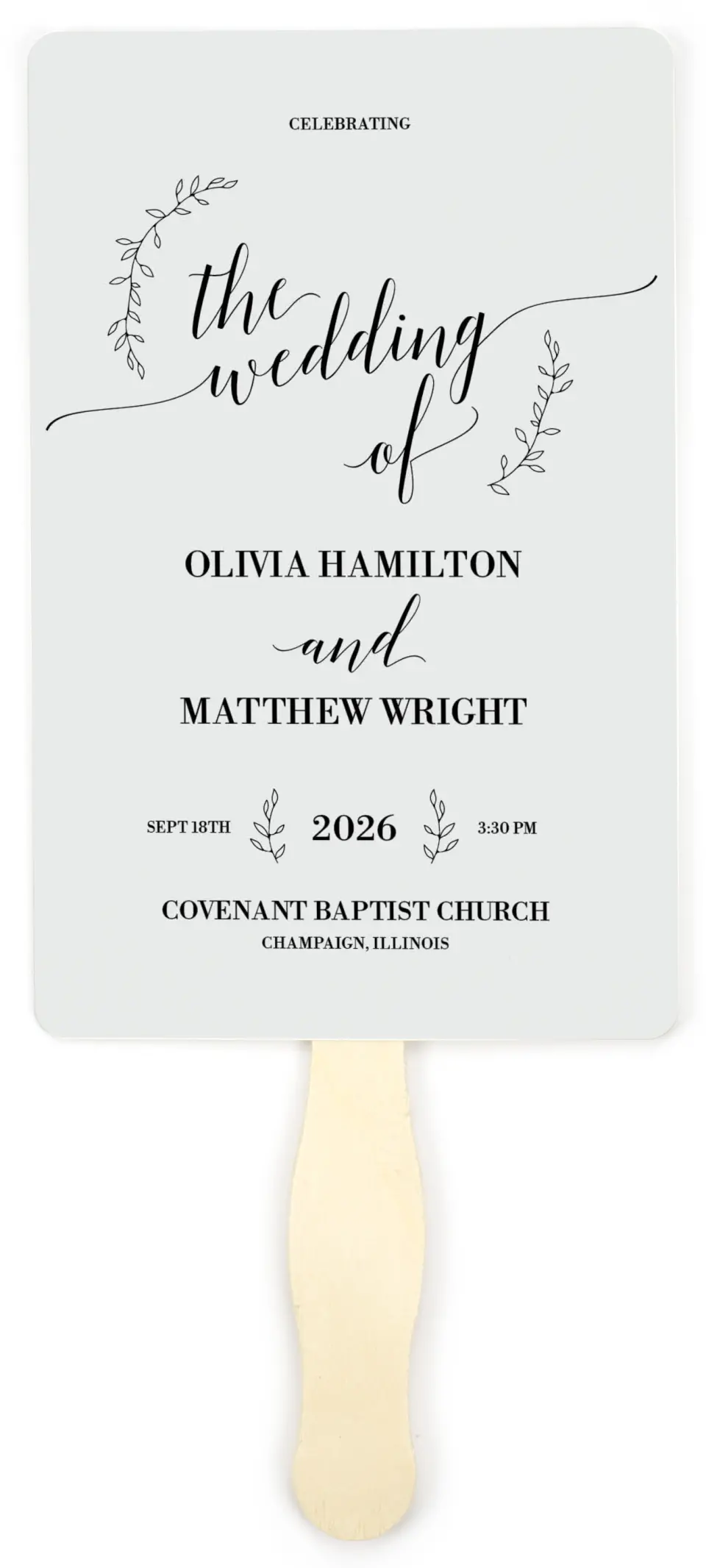 This is a 5" x 7⅞" Wedding Program Fan called Naturally Leaves printed in full color on Premium Smooth paper