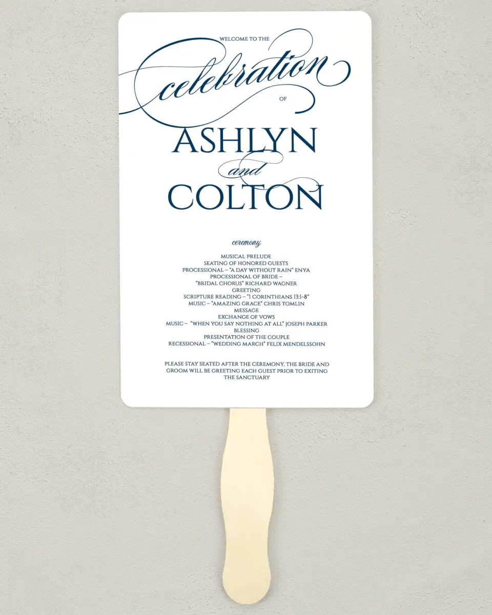 This is a 5" x 7⅞" Wedding Program Fan called Glam District printed in full color on Premium Smooth paper