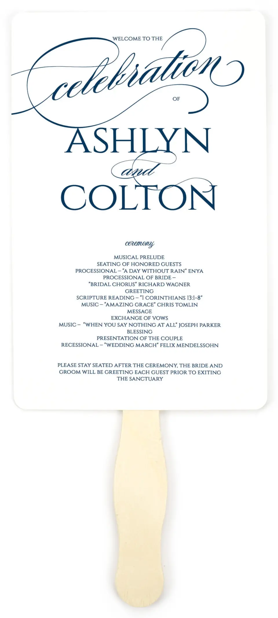 This is a 5" x 7⅞" Wedding Program Fan called Glam District printed in full color on Premium Smooth paper