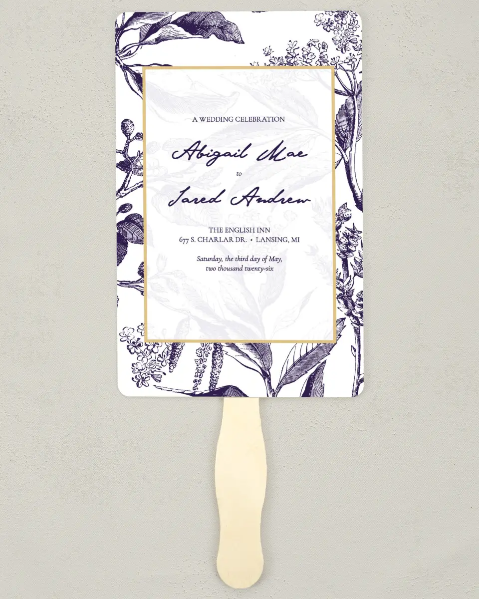 This is a 5" x 7⅞" Wedding Program Fan called Delicate Impression printed in full color on Premium Smooth paper