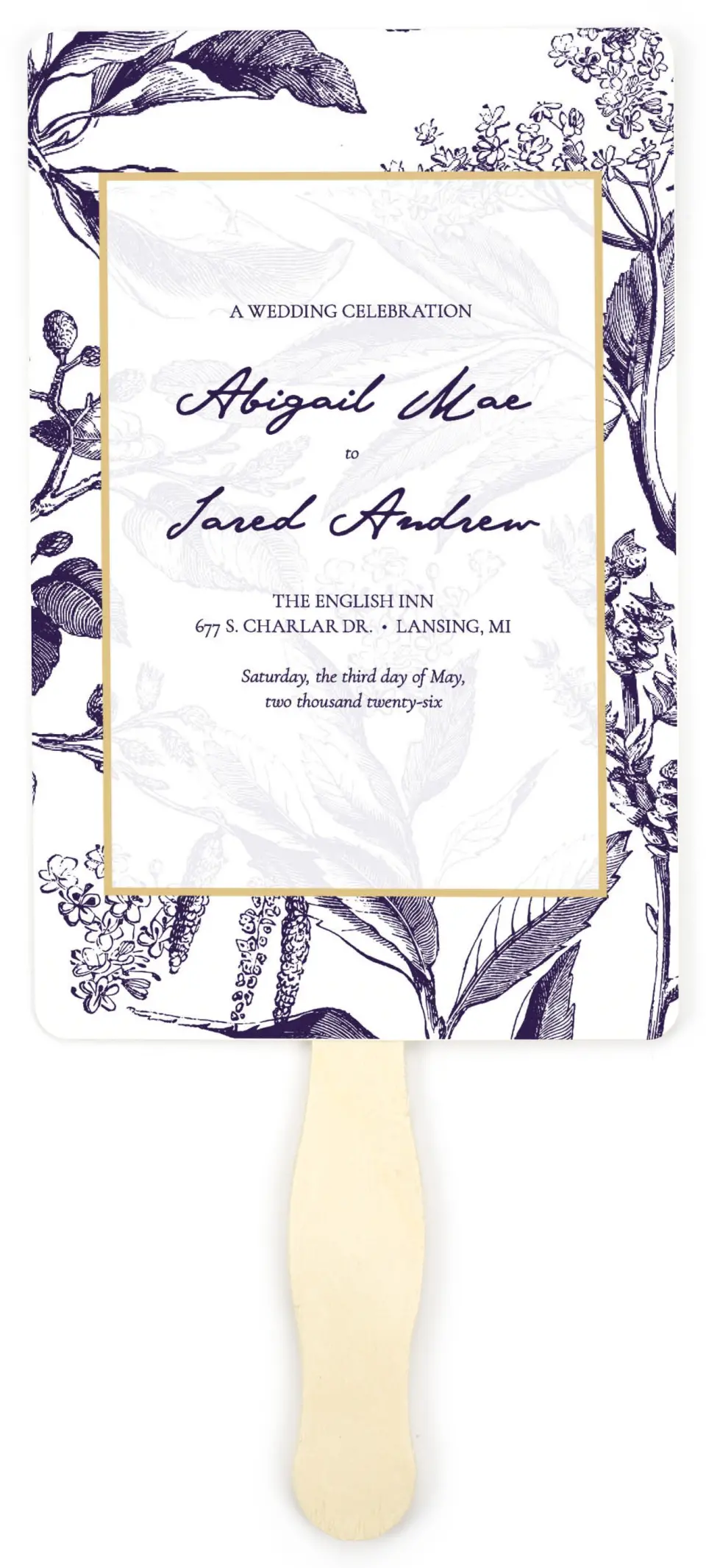 This is a 5" x 7⅞" Wedding Program Fan called Delicate Impression printed in full color on Premium Smooth paper