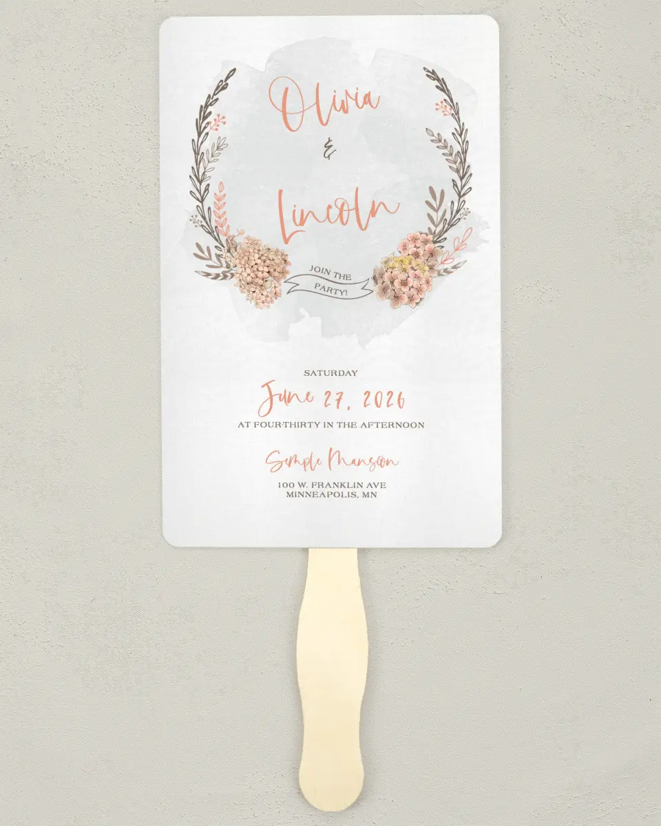 This is a 5" x 7⅞" Wedding Program Fan called Delightful Wreath printed in full color on Premium Smooth paper