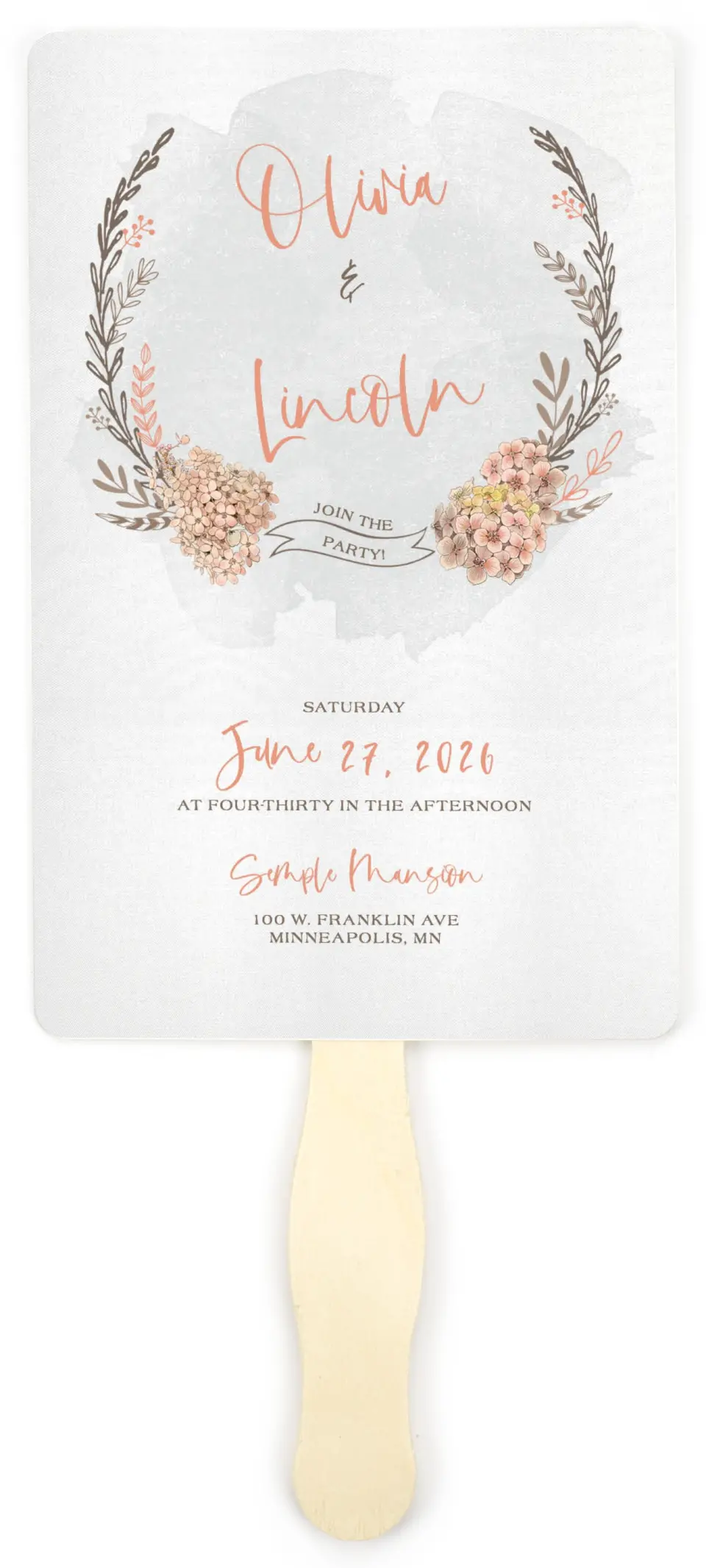 This is a 5" x 7⅞" Wedding Program Fan called Delightful Wreath printed in full color on Premium Smooth paper