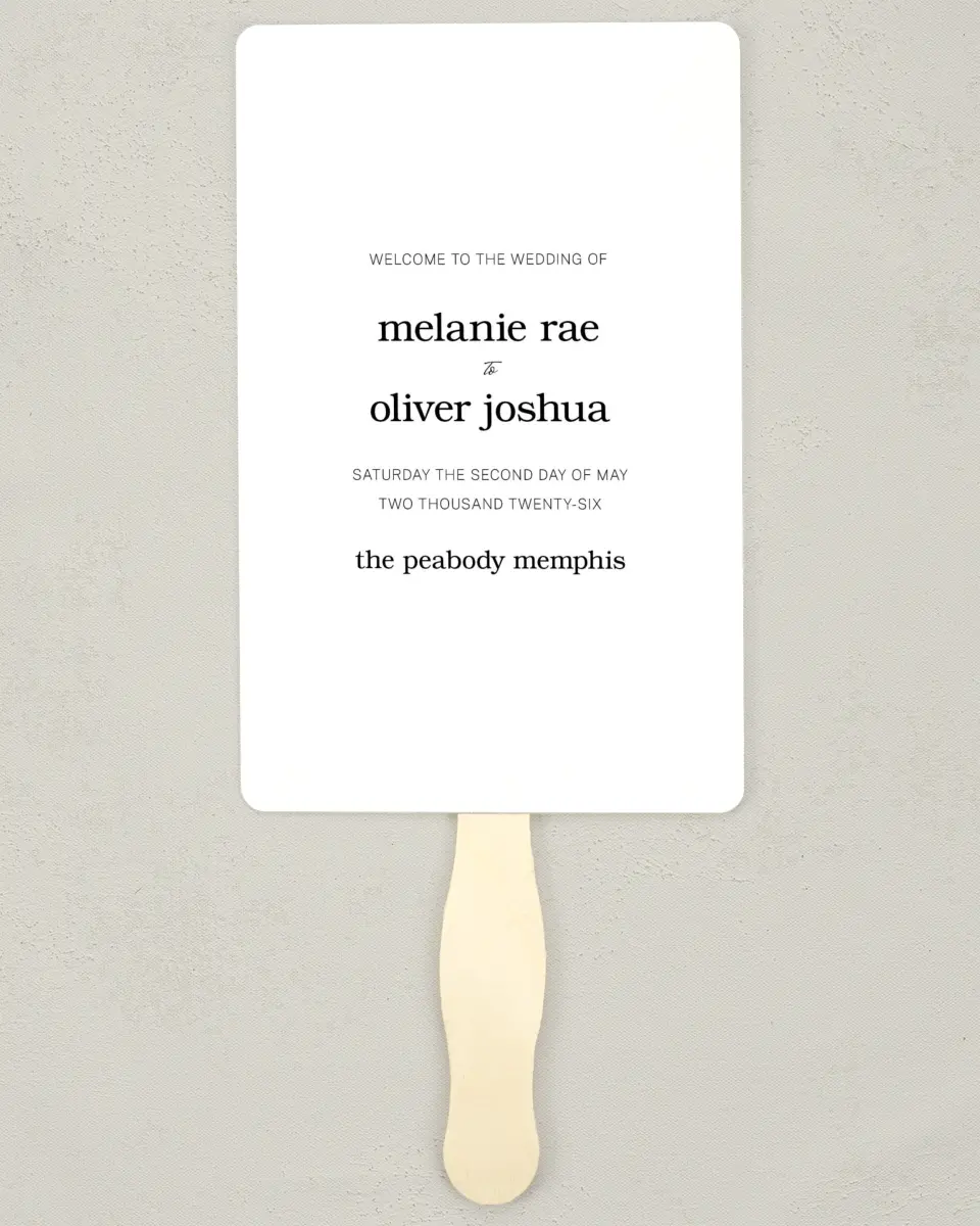 This is a 5" x 7⅞" Wedding Program Fan called Simply Pristine printed in full color on Premium Smooth paper