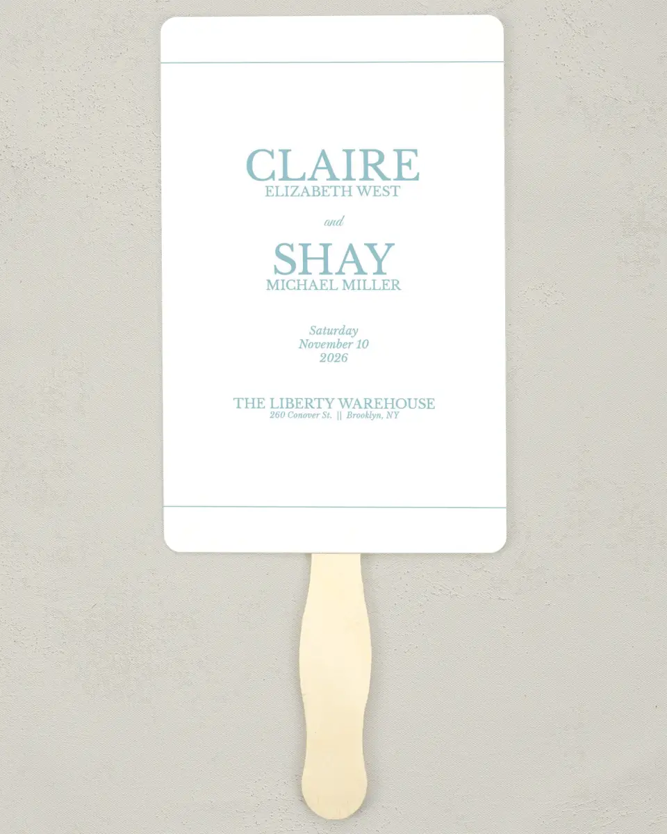 This is a 5" x 7⅞" Wedding Program Fan called Blissful Marble printed in full color on Premium Smooth paper