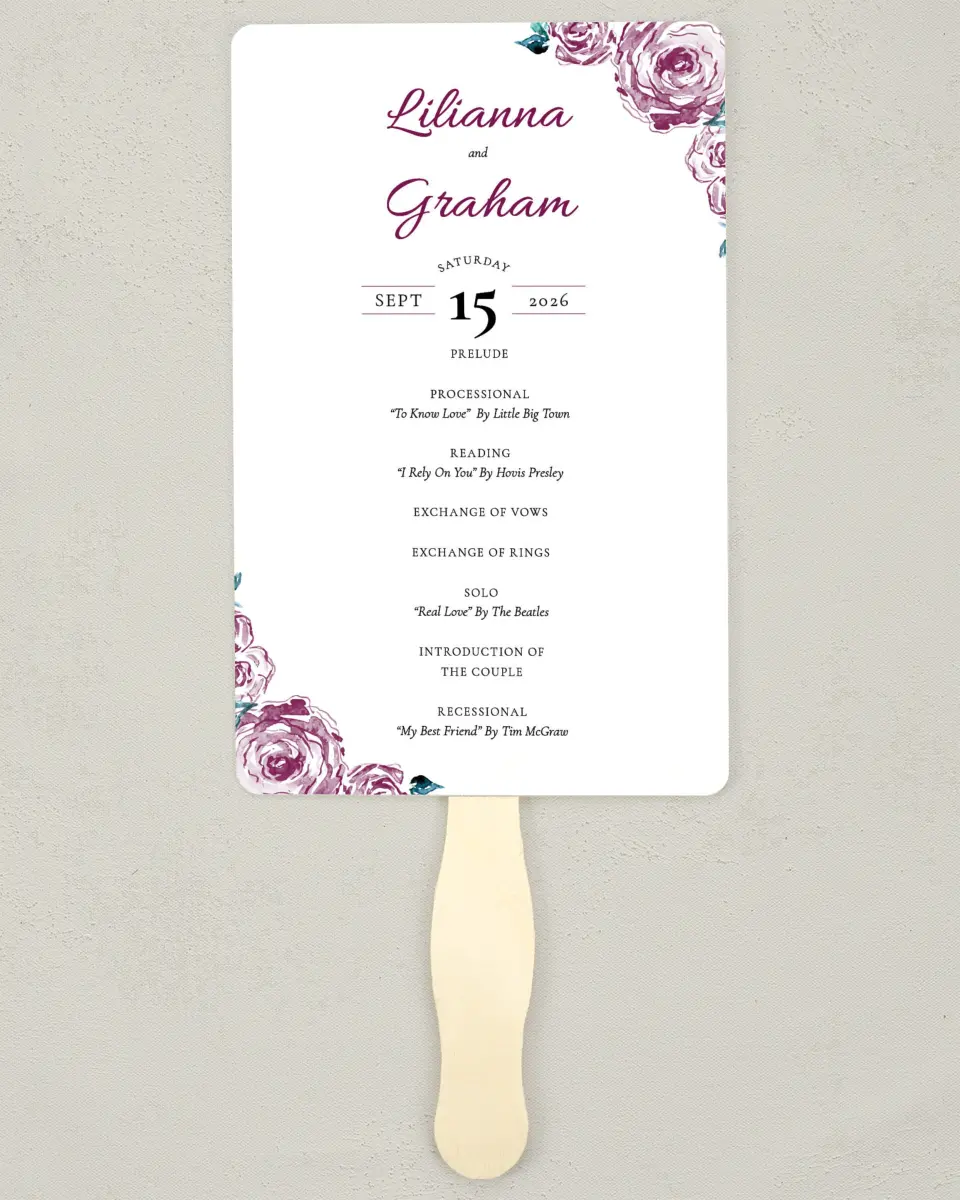 This is a 5" x 7⅞" Wedding Program Fan called Enchanted Bliss printed in full color on Premium Smooth paper