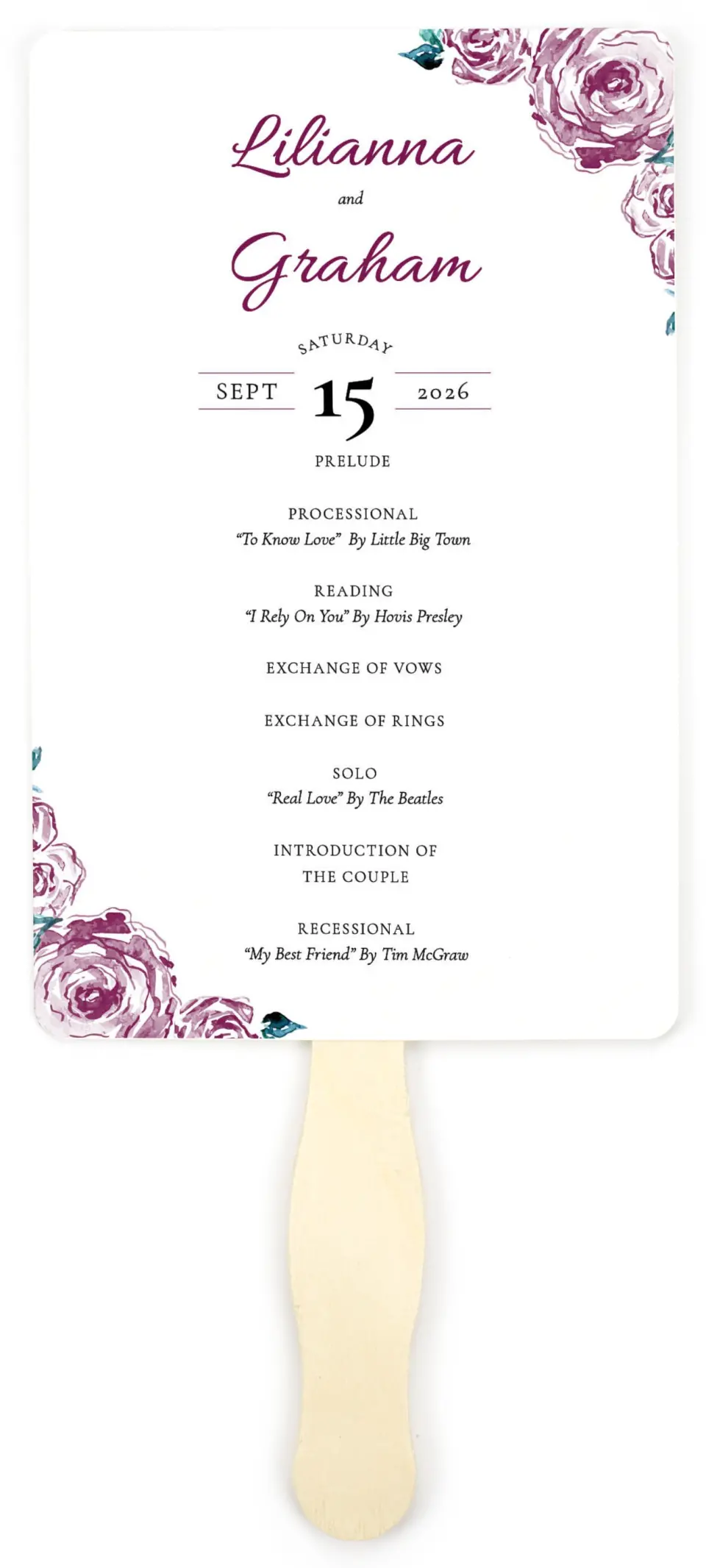 This is a 5" x 7⅞" Wedding Program Fan called Enchanted Bliss printed in full color on Premium Smooth paper