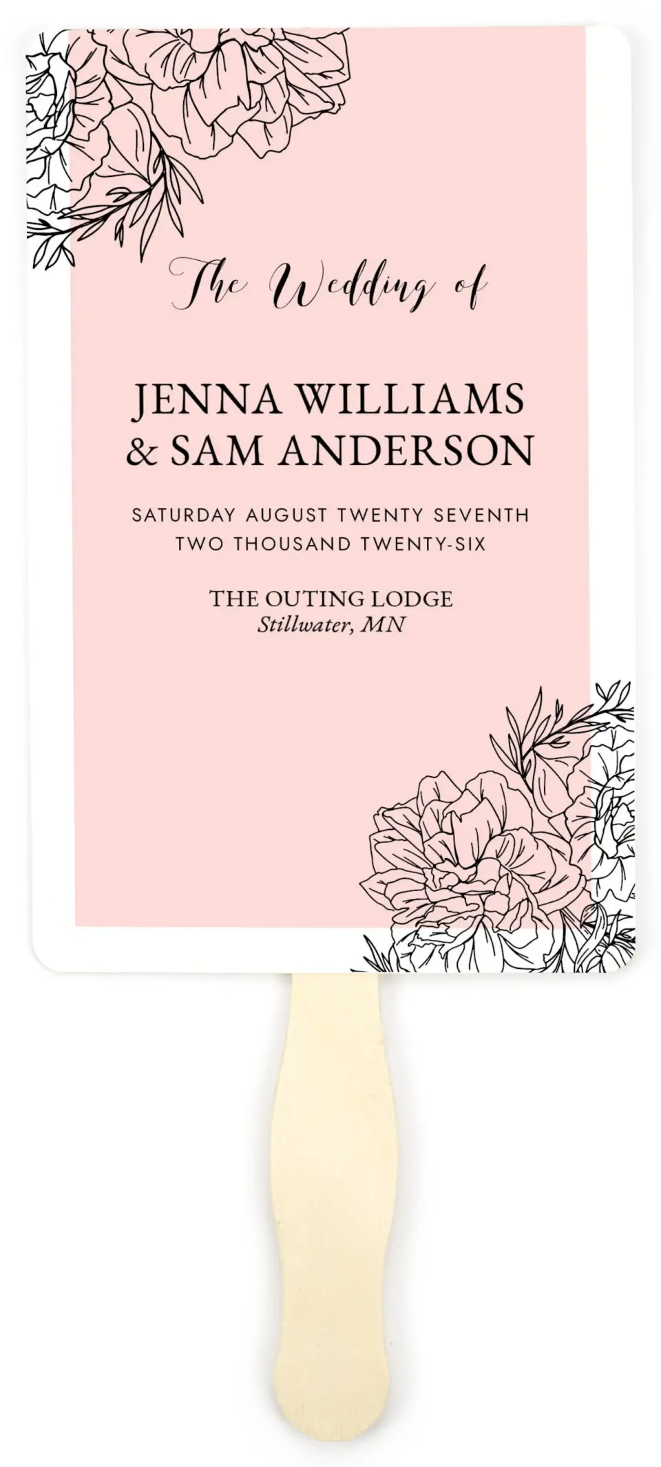 This is a 5" x 7⅞" Wedding Program Fan called Love's Whisper printed in full color on Premium Smooth paper