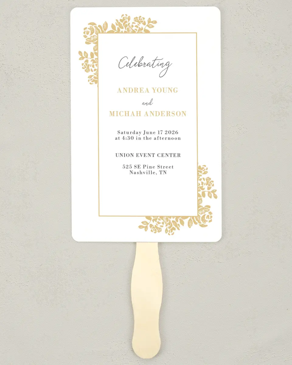 This is a 5" x 7⅞" Wedding Program Fan called Etched Elegance printed in full color on Premium Smooth paper