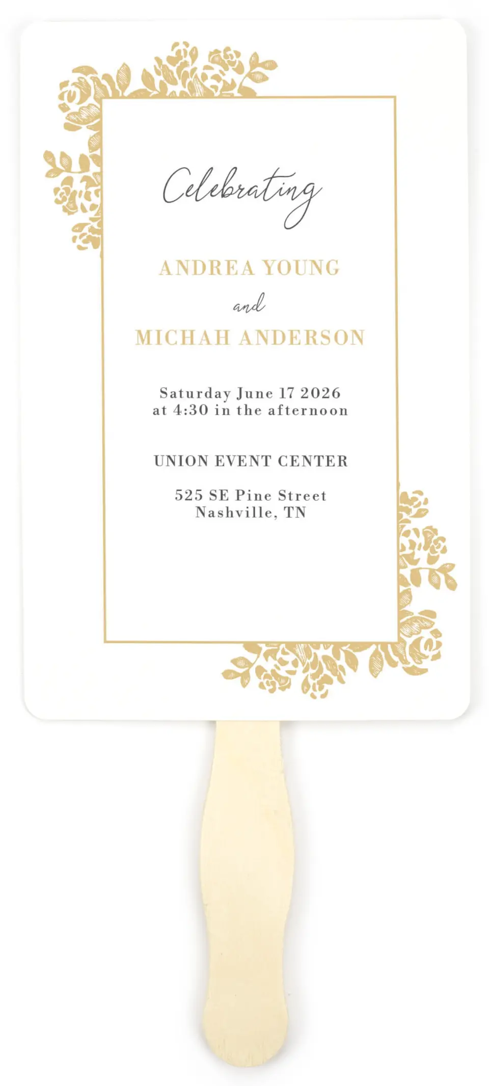 This is a 5" x 7⅞" Wedding Program Fan called Etched Elegance printed in full color on Premium Smooth paper