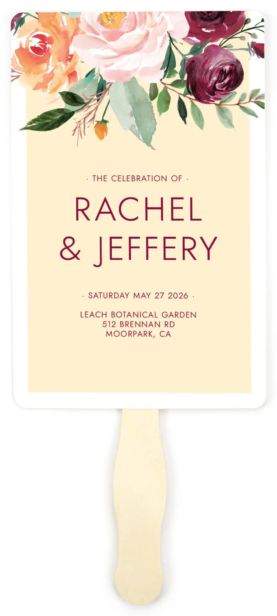 This is a 5" x 7⅞" Wedding Program Fan called Country Florals printed in full color on Premium Smooth paper