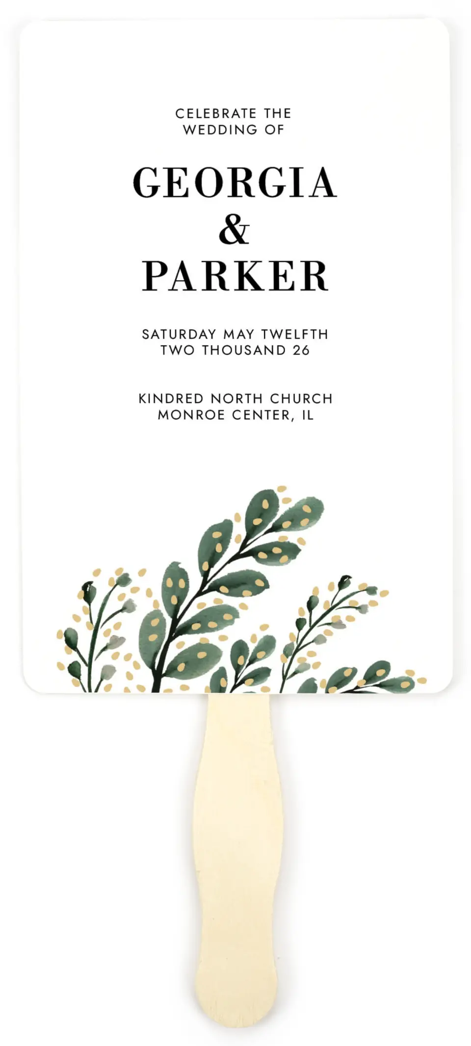 This is a 5" x 7⅞" Wedding Program Fan called Gilded Laurels printed in full color on Premium Smooth paper