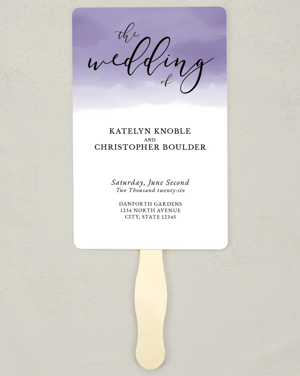 This is a 5" x 7⅞" Wedding Program Fan called Luminous Ombre printed in full color with Silver foil on Luxe Satin (coated) paper
