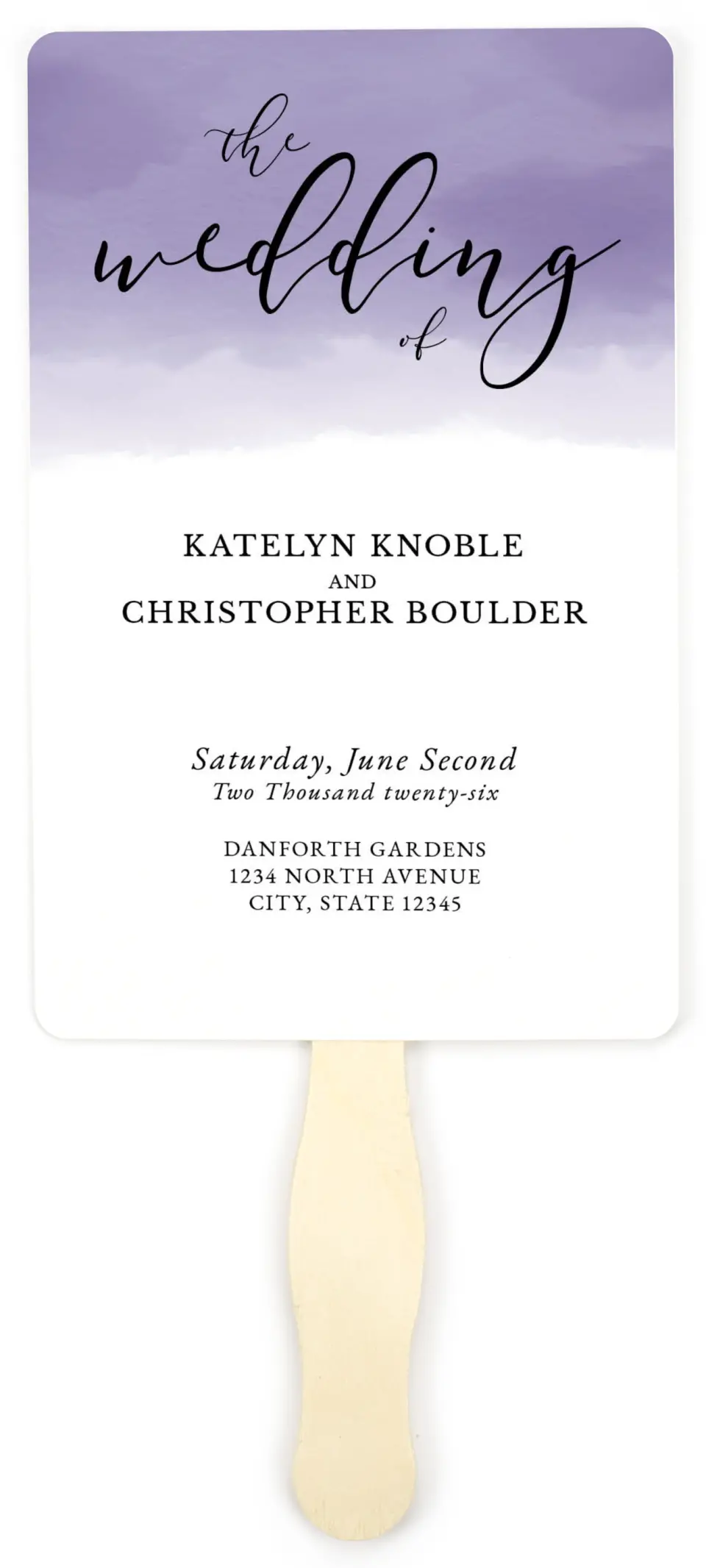This is a 5" x 7⅞" Wedding Program Fan called Luminous Ombre printed in full color on Premium Smooth paper