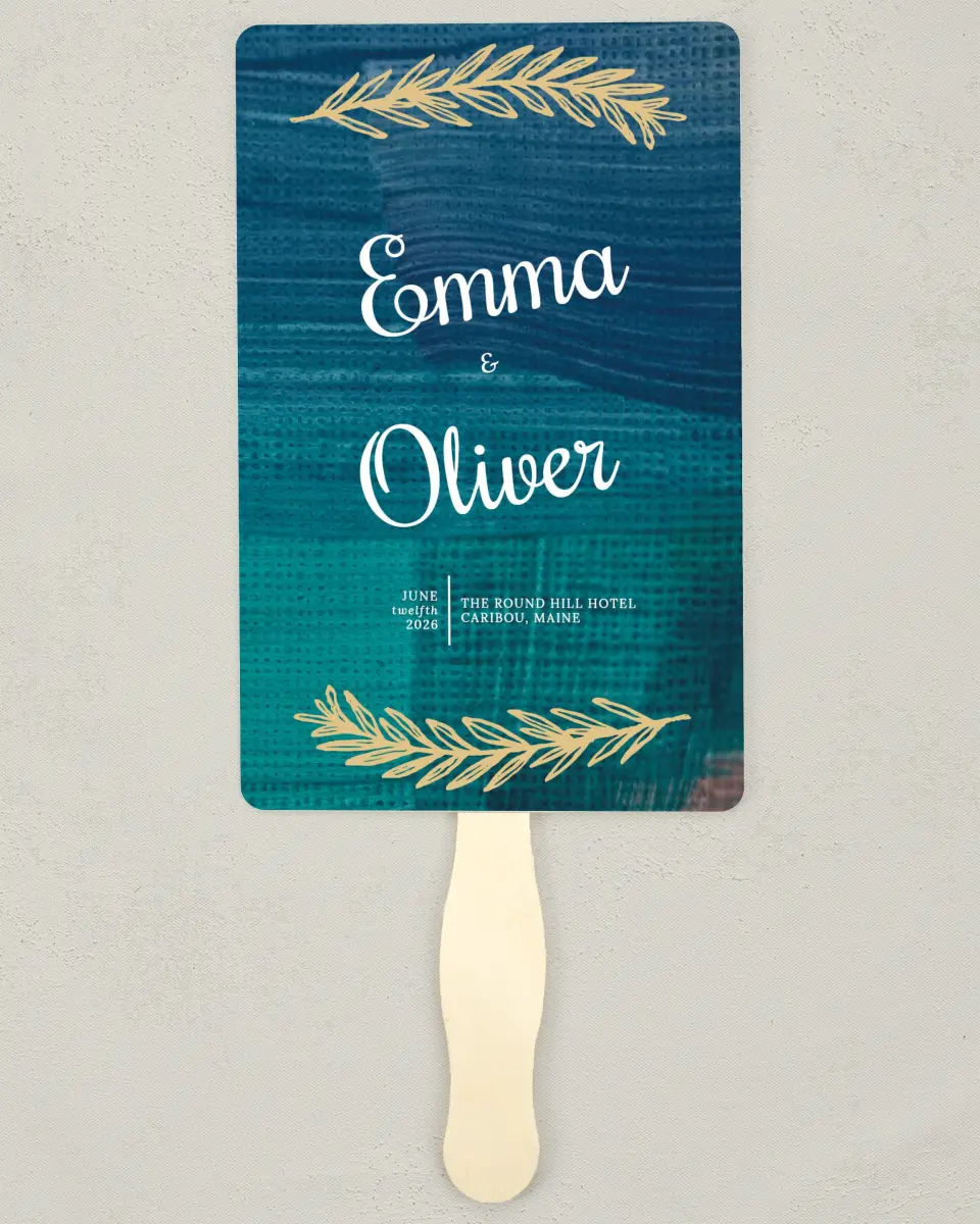 This is a 5" x 7⅞" Wedding Program Fan called Shining Vines printed in full color with Silver foil on Luxe Satin (coated) paper
