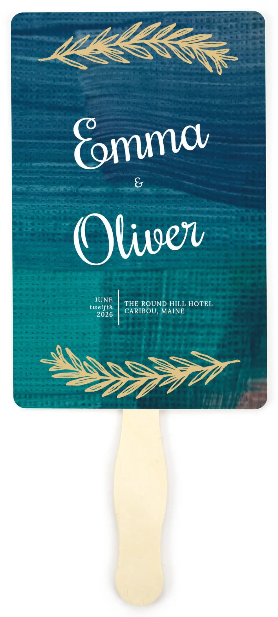 This is a 5" x 7⅞" Wedding Program Fan called Shining Vines printed in full color with Gold foil on Luxe Satin (coated) paper