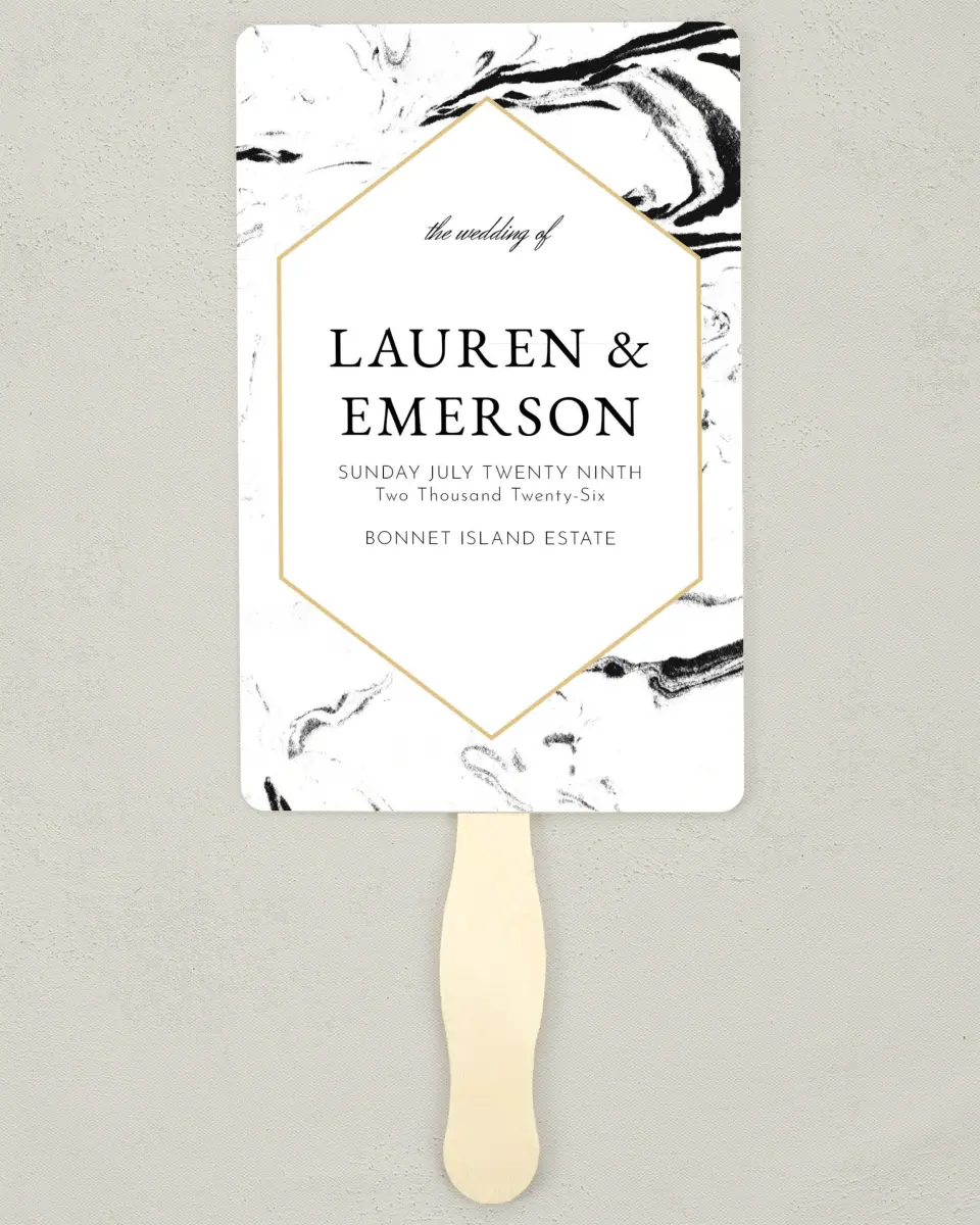 This is a 5" x 7⅞" Wedding Program Fan called Elegant Marble printed in full color on Premium Smooth paper