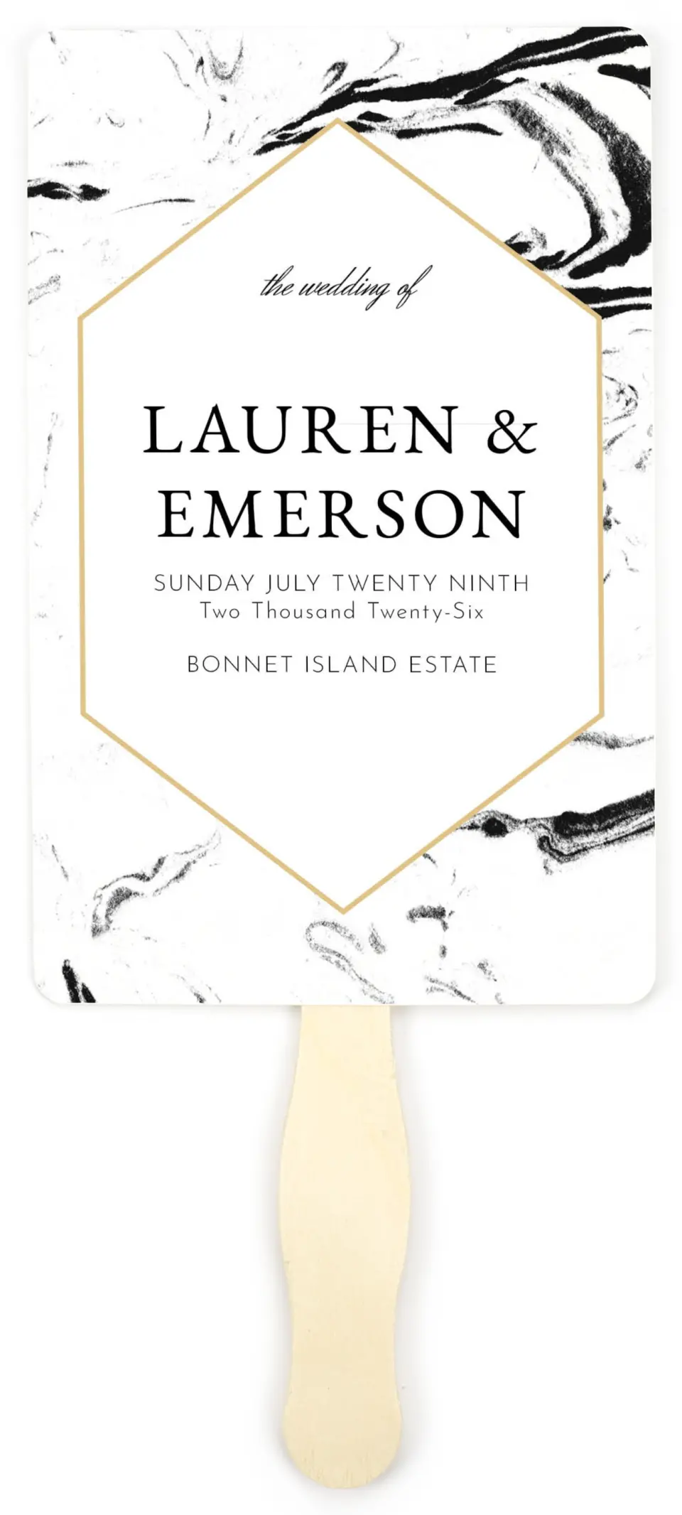 This is a 5" x 7⅞" Wedding Program Fan called Elegant Marble printed in full color on Premium Smooth paper