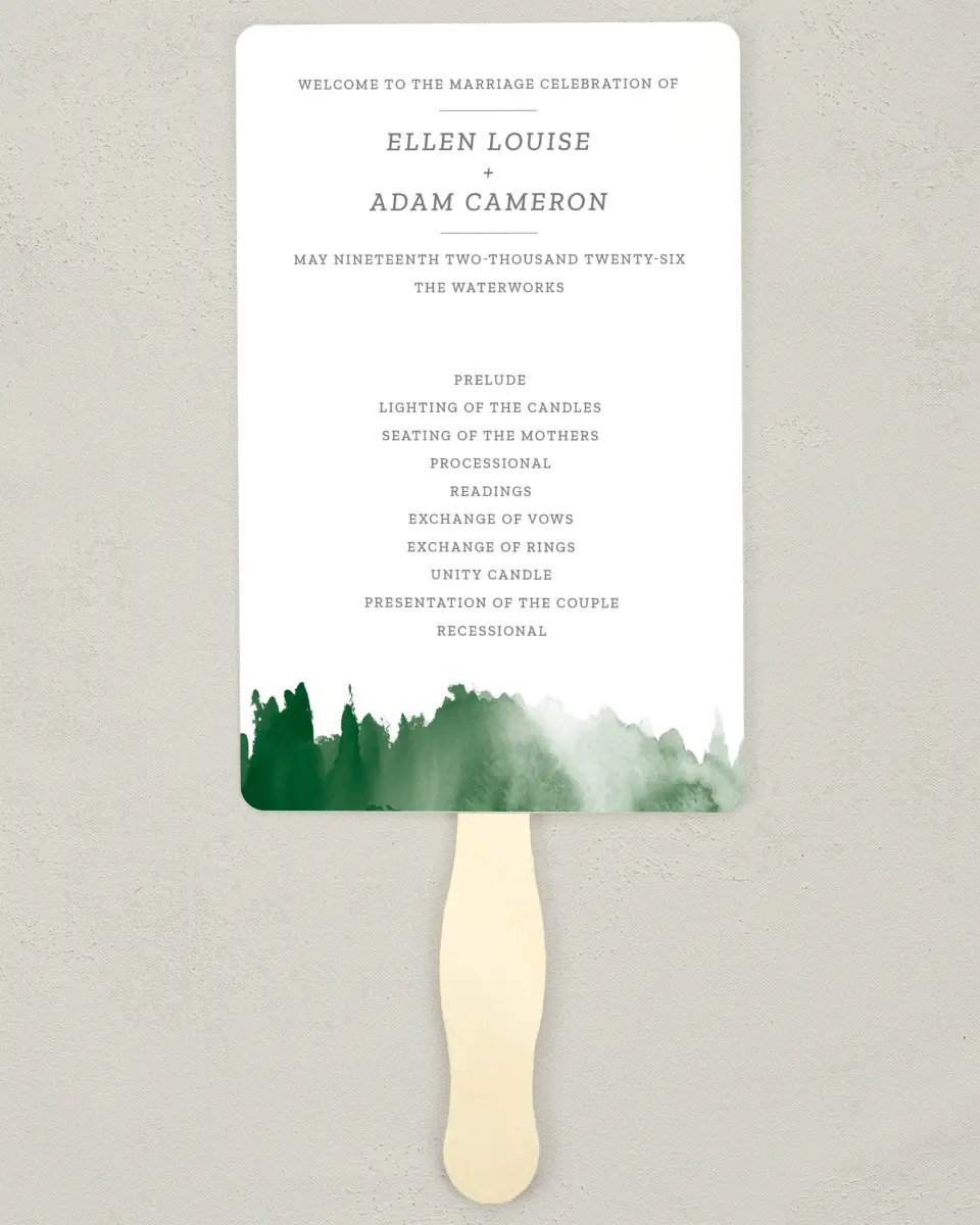 This is a 5" x 7⅞" Wedding Program Fan called Watercolor Monogram printed in full color on Premium Smooth paper
