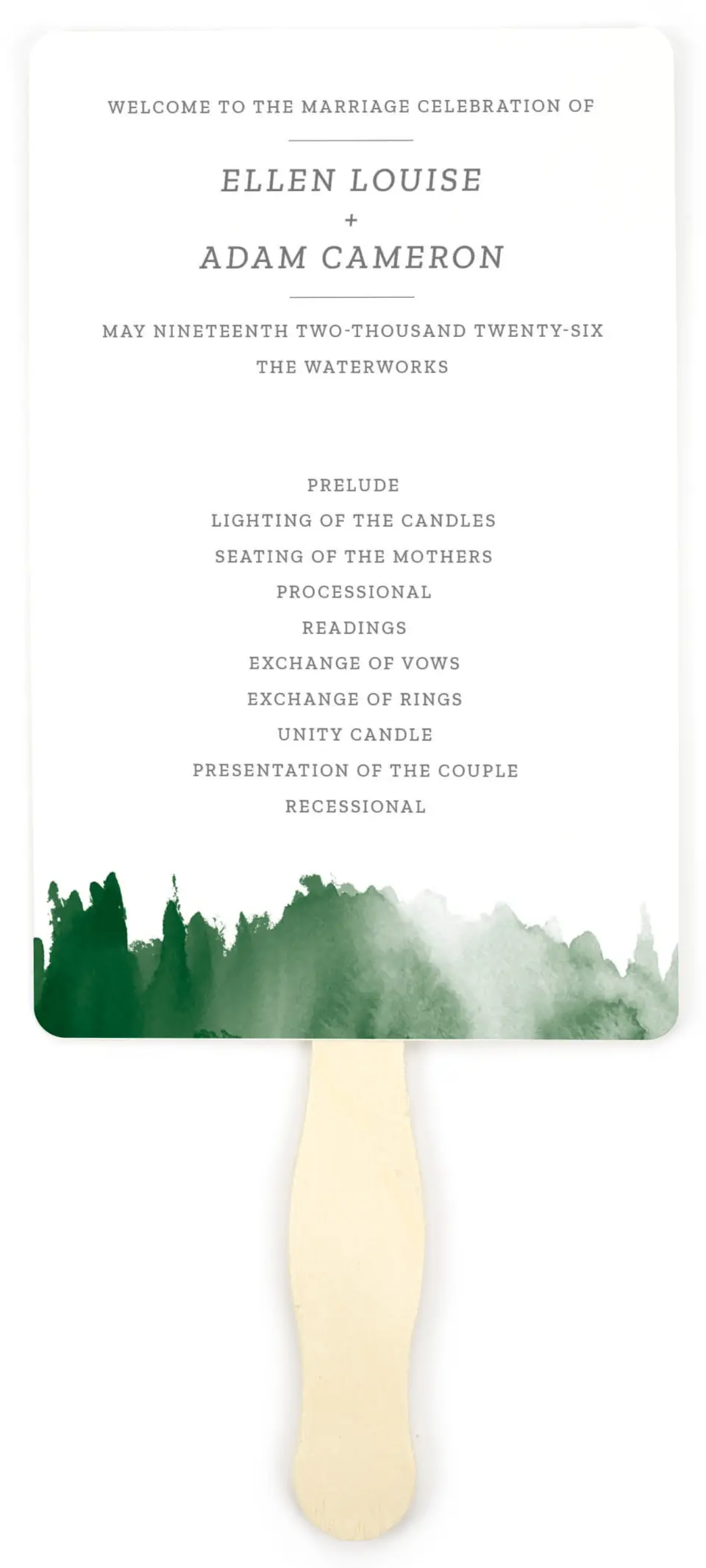 This is a 5" x 7⅞" Wedding Program Fan called Watercolor Monogram printed in full color on Premium Smooth paper