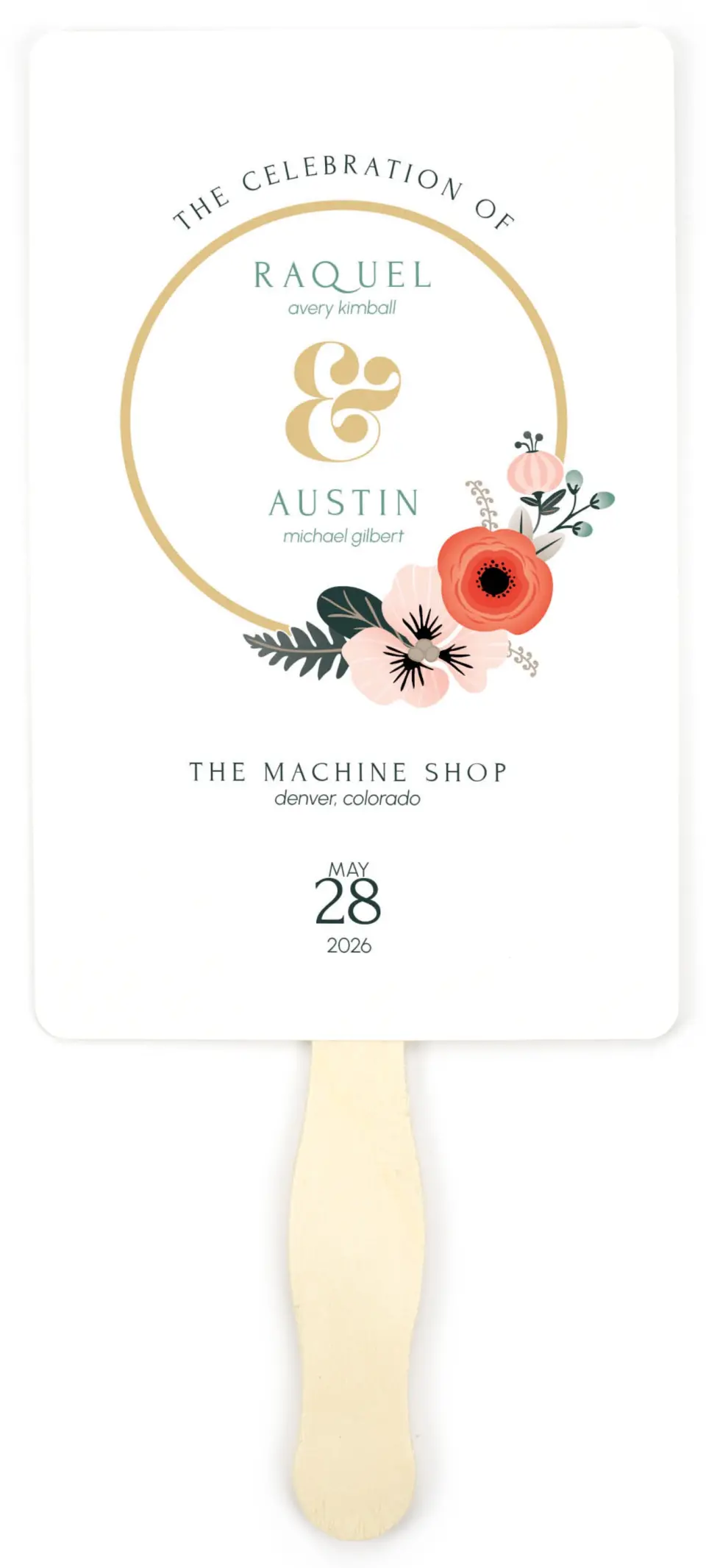 This is a 5" x 7⅞" Wedding Program Fan called Modern Wreath printed in full color on Premium Smooth paper
