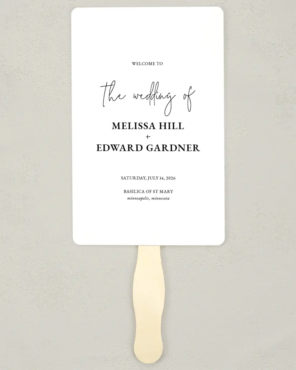 This is a 5" x 7⅞" Wedding Program Fan called Sensibly Simple printed in full color on Premium Smooth paper
