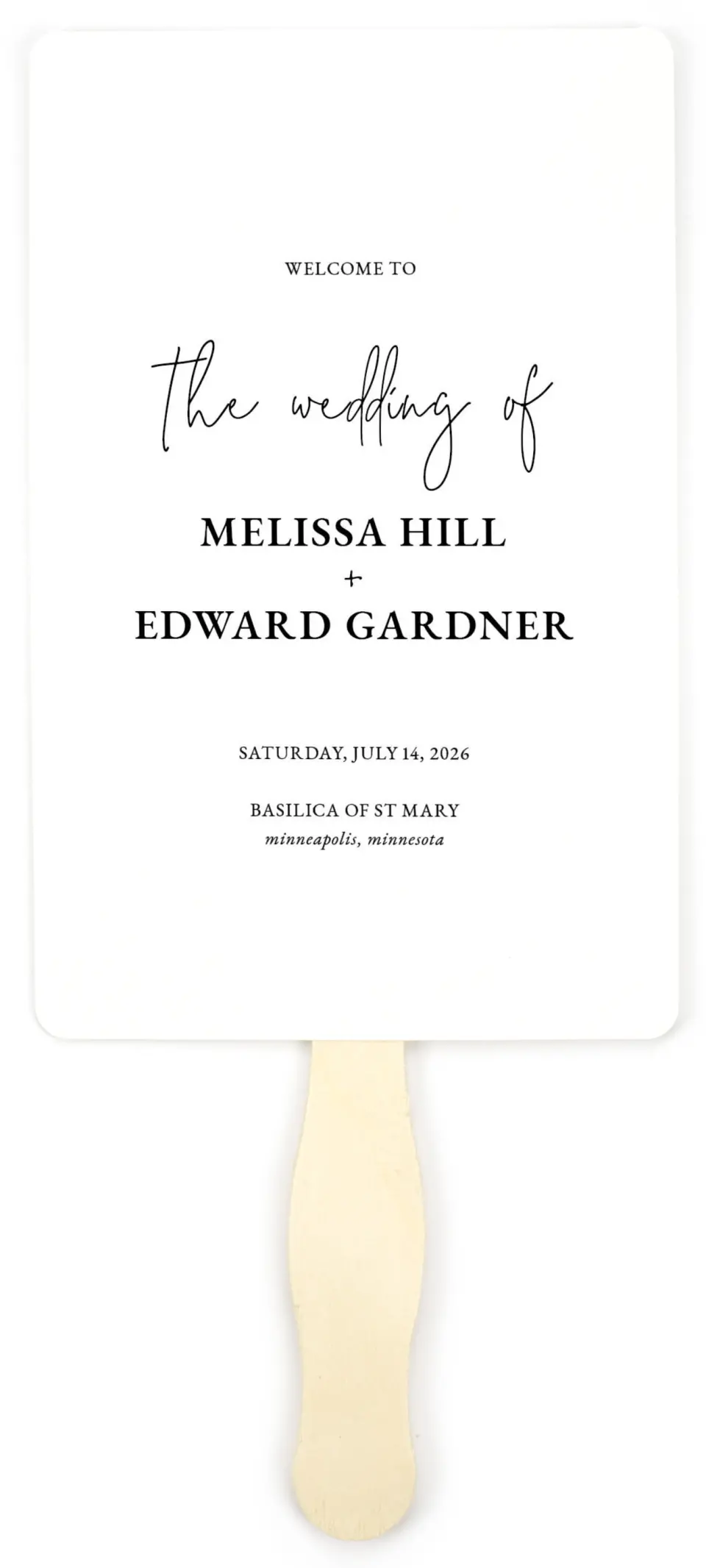 This is a 5" x 7⅞" Wedding Program Fan called Sensibly Simple printed in full color on Premium Smooth paper