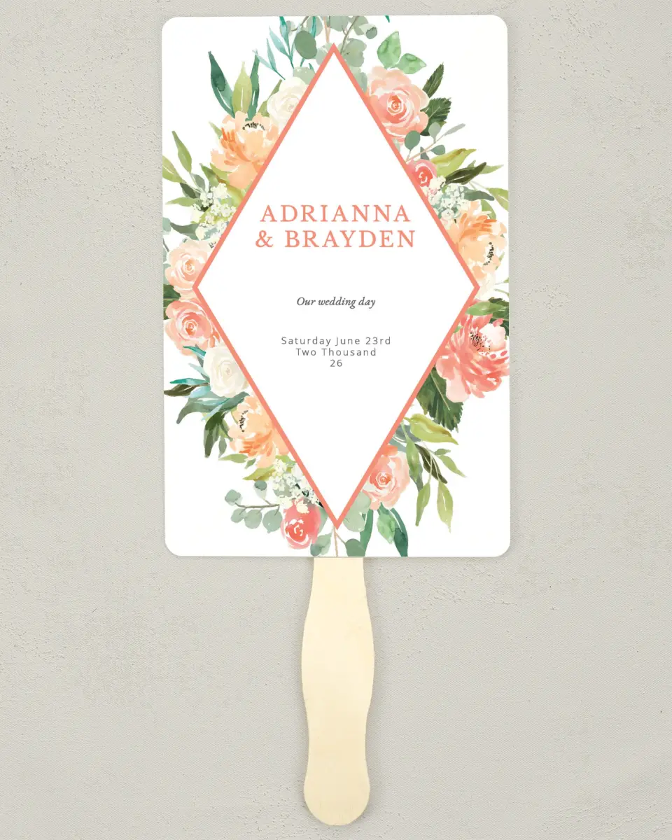 This is a 5" x 7⅞" Wedding Program Fan called Diamond Garden printed in full color on Premium Smooth paper
