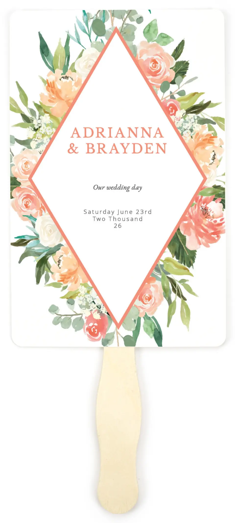This is a 5" x 7⅞" Wedding Program Fan called Diamond Garden printed in full color on Premium Smooth paper