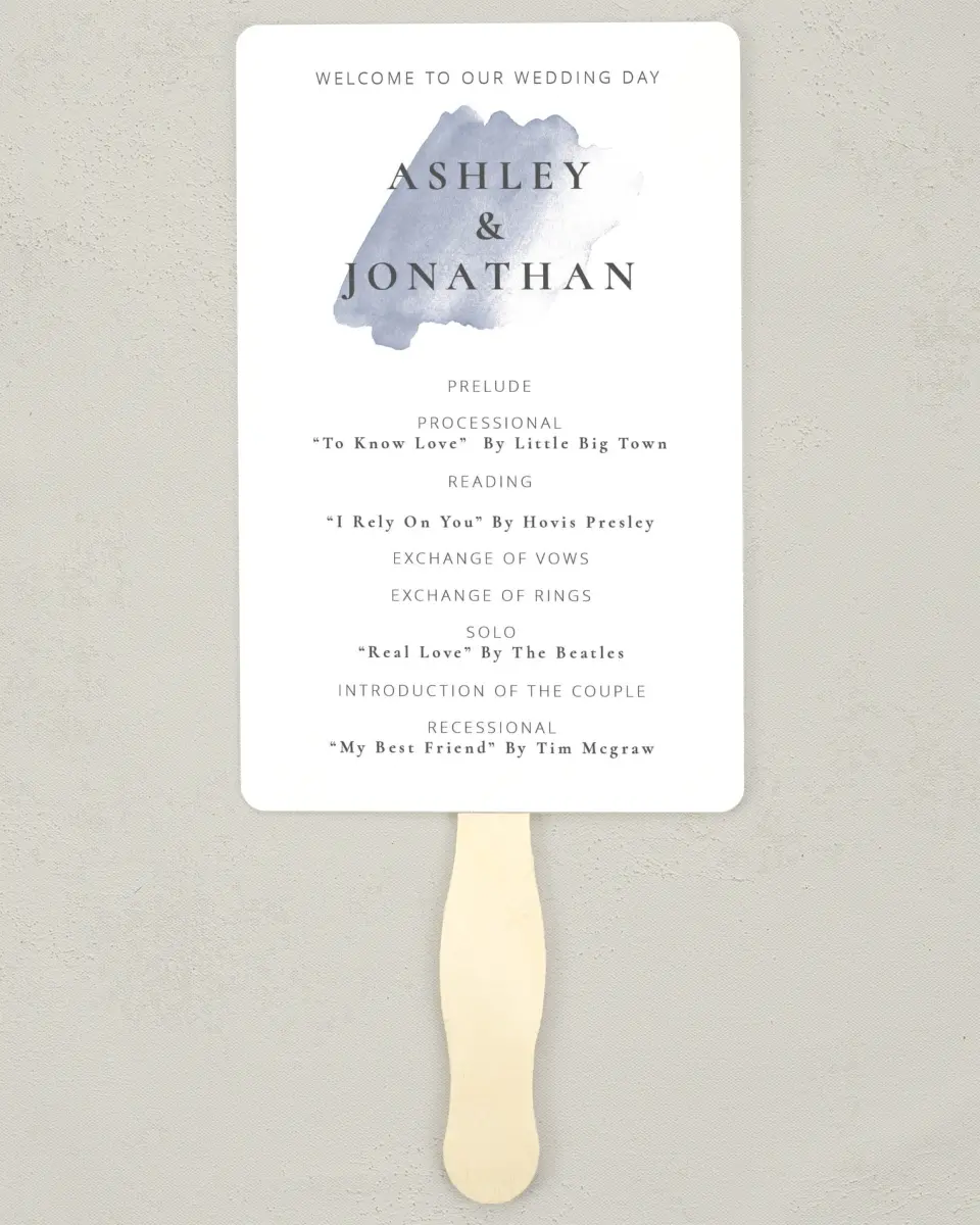 This is a 5" x 7⅞" Wedding Program Fan called Stroke of Luck printed in full color with Silver foil on Luxe Satin (coated) paper