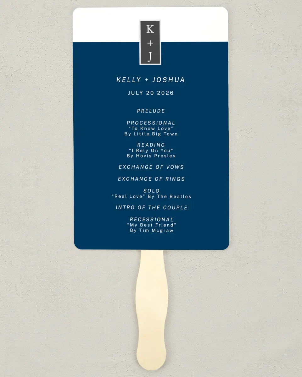 This is a 5" x 7⅞" Wedding Program Fan called Best Wedding Ever printed in full color with Silver foil on Luxe Satin (coated) paper