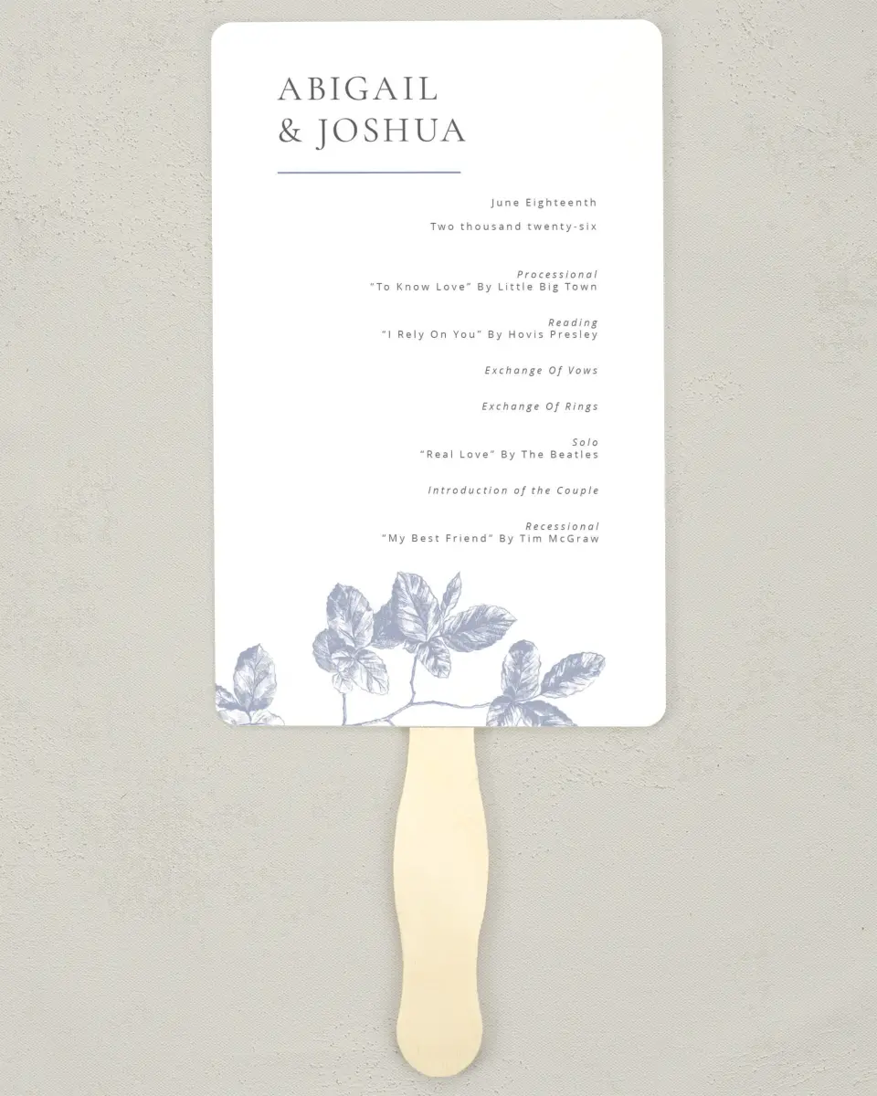 This is a 5" x 7⅞" Wedding Program Fan called Leafy Elegance printed in full color on Premium Smooth paper
