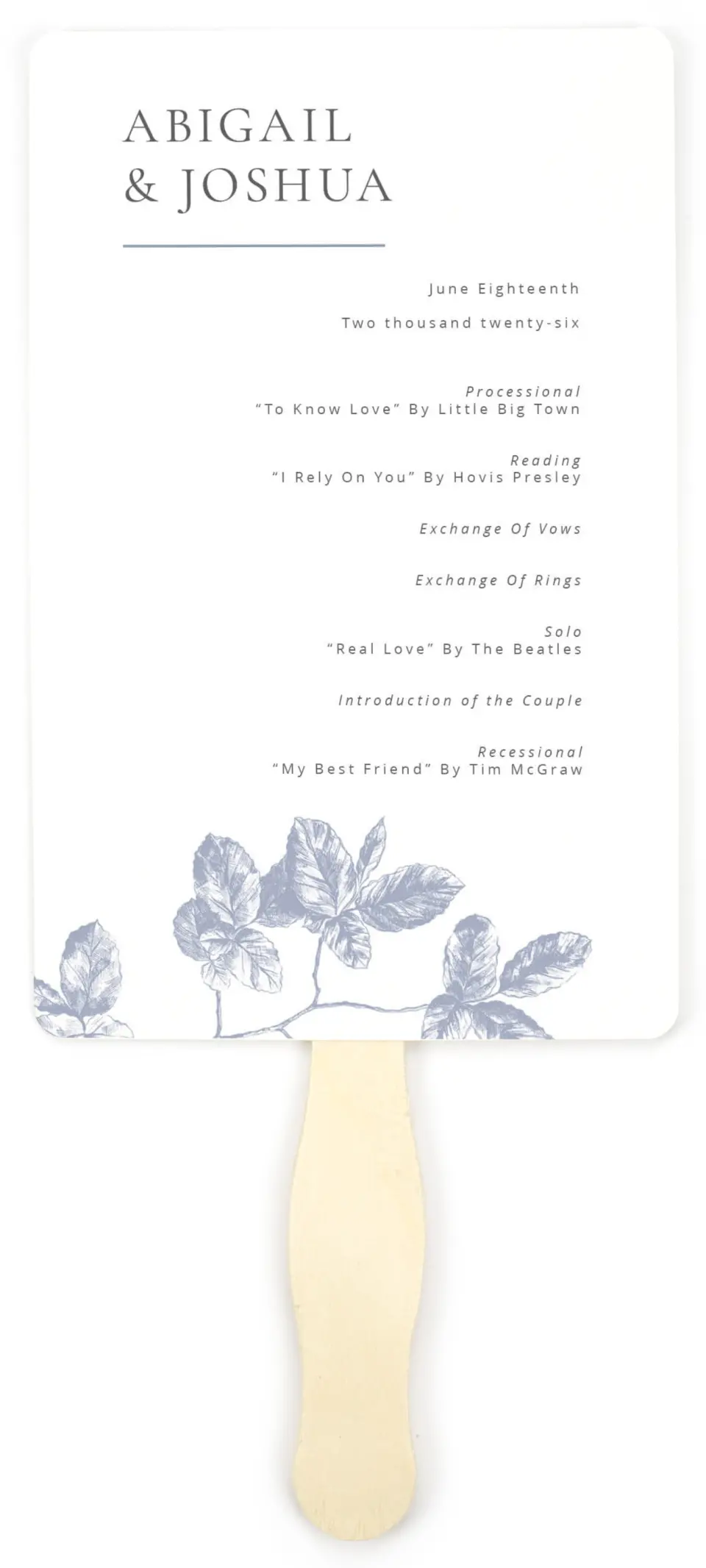 This is a 5" x 7⅞" Wedding Program Fan called Leafy Elegance printed in full color on Premium Smooth paper