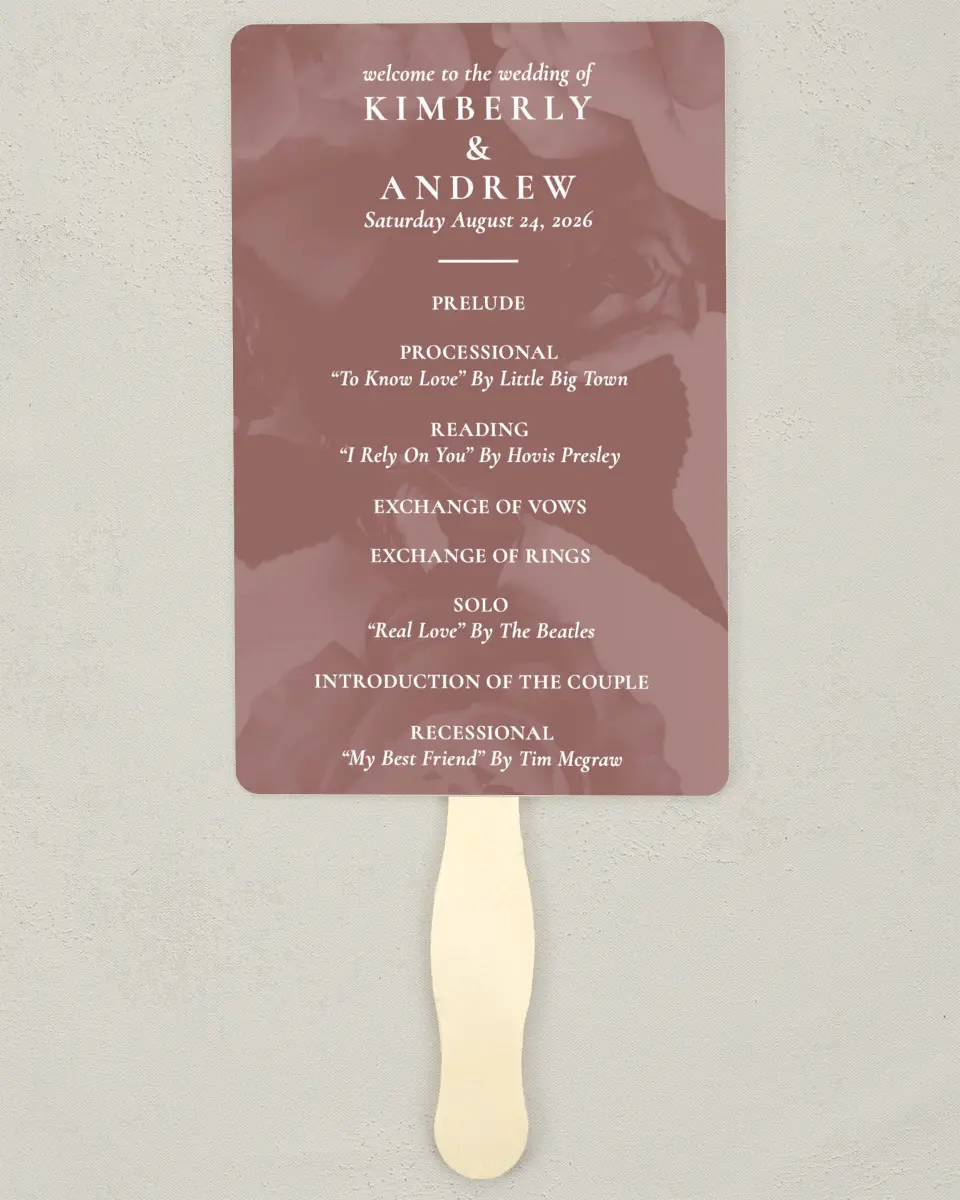 This is a 5" x 7⅞" Wedding Program Fan called Blushing Beauty printed in full color with Silver foil on Luxe Satin (coated) paper