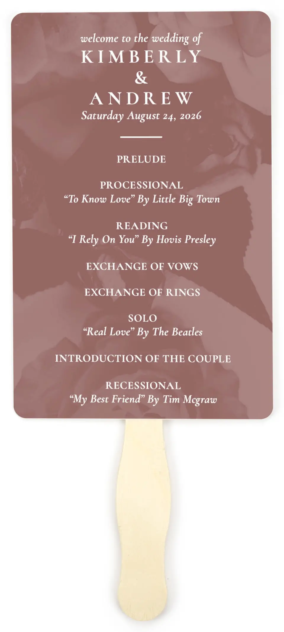 This is a 5" x 7⅞" Wedding Program Fan called Blushing Beauty printed in full color on Premium Smooth paper