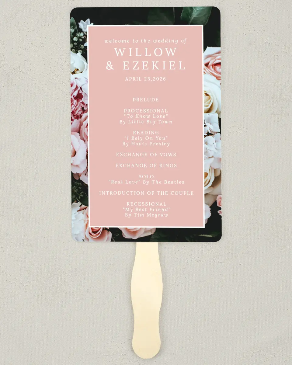 This is a 5" x 7⅞" Wedding Program Fan called Fantasia Garden printed in full color with Silver foil on Luxe Satin (coated) paper