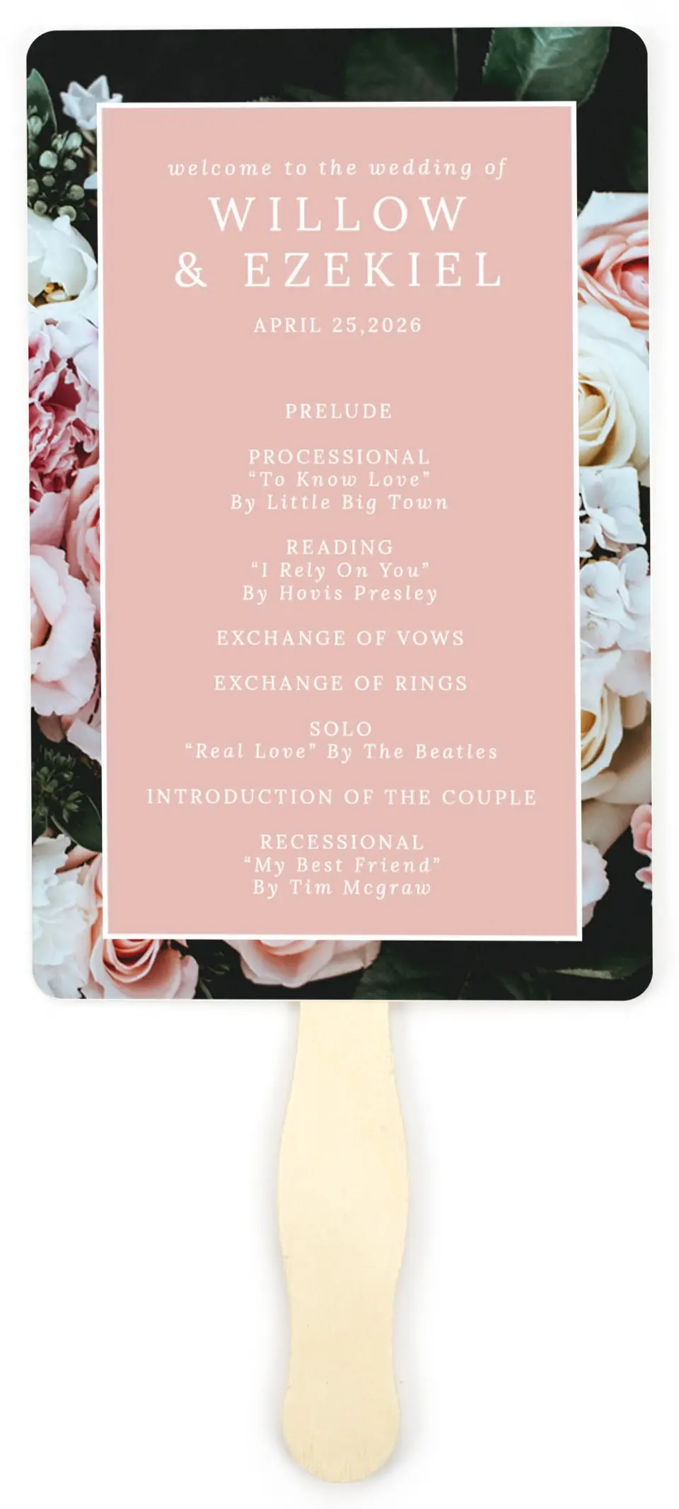 This is a 5" x 7⅞" Wedding Program Fan called Fantasia Garden printed in full color on Premium Smooth paper