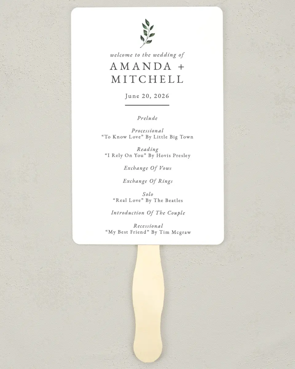 This is a 5" x 7⅞" Wedding Program Fan called Sprinkled Sprig printed in full color with Silver foil on Luxe Satin (coated) paper